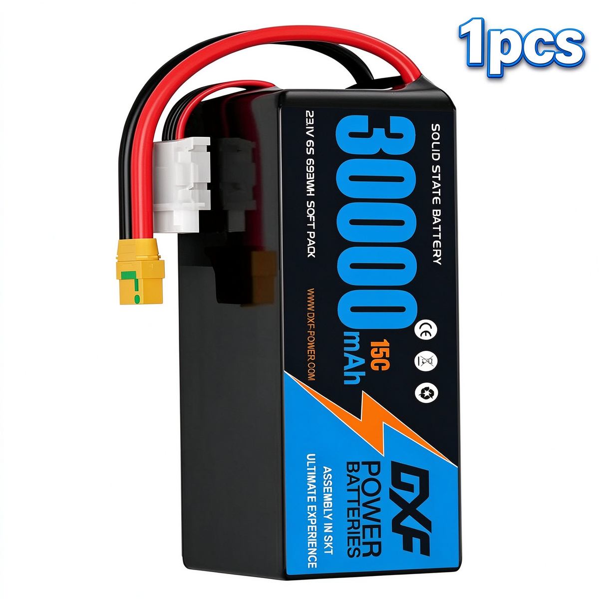 DXF 6S 23.1V 30000mAh 15C Soft Case LiPo Battery with 8AWG Wire for Toy Cars, Boats, UAVs & Drones (1-6 Pack)