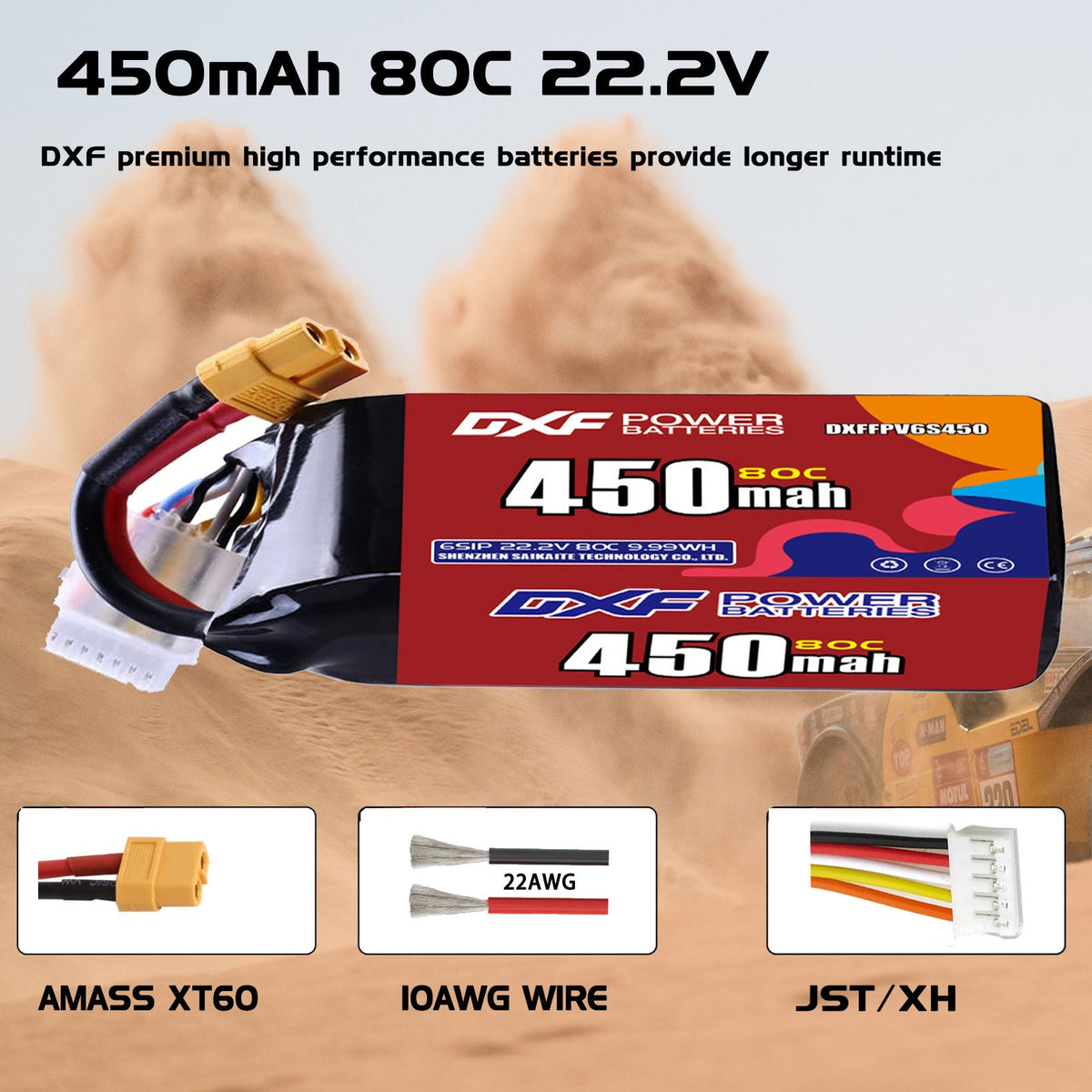 DXF LiPo Battery 6S 22.2V 450mAh 80C with PH2.0 / JST / XT30 / SM / XT60 / EC5 / XT90 for FPV Drone Whoop Micro Racing