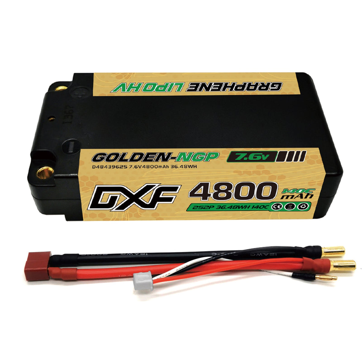 DXF 2S 7.6V 4800mAh 140C Shorty Hardcase LiPo Battery with 5mm Bullet to Deans T-Plug for 1/10 RC Buggies, Cars (1-6 Pack Available)
