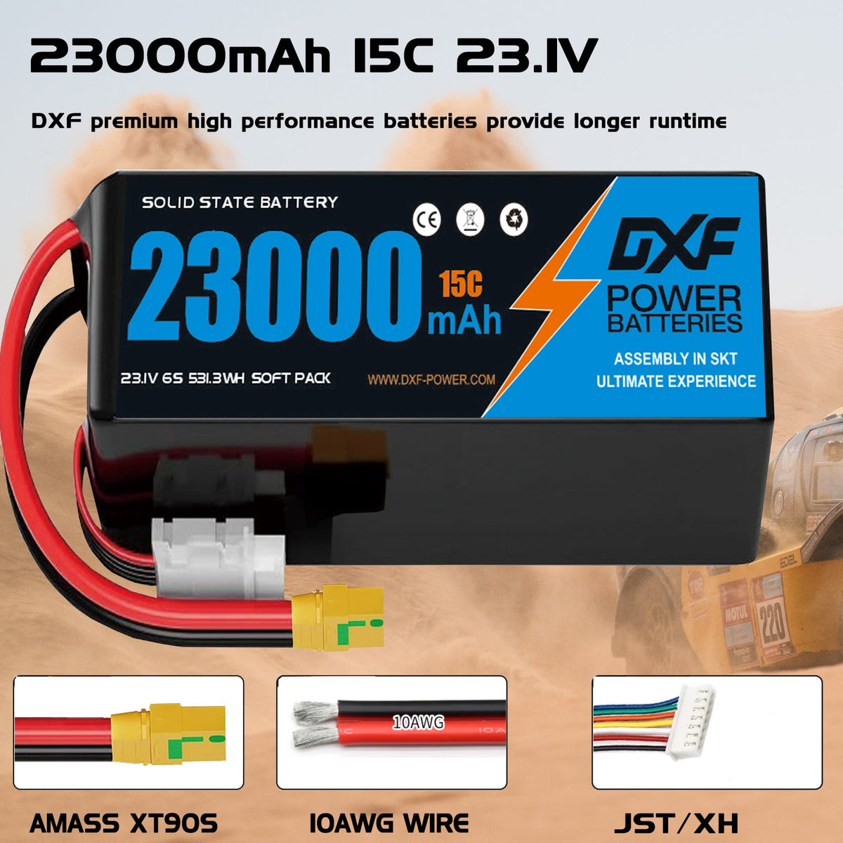DXF 6S 23.1V 23000mAh 15C Soft Case LiPo Battery with 8AWG Wire for Toy Cars, Boats, UAVs & Drones (1-6 Pack)