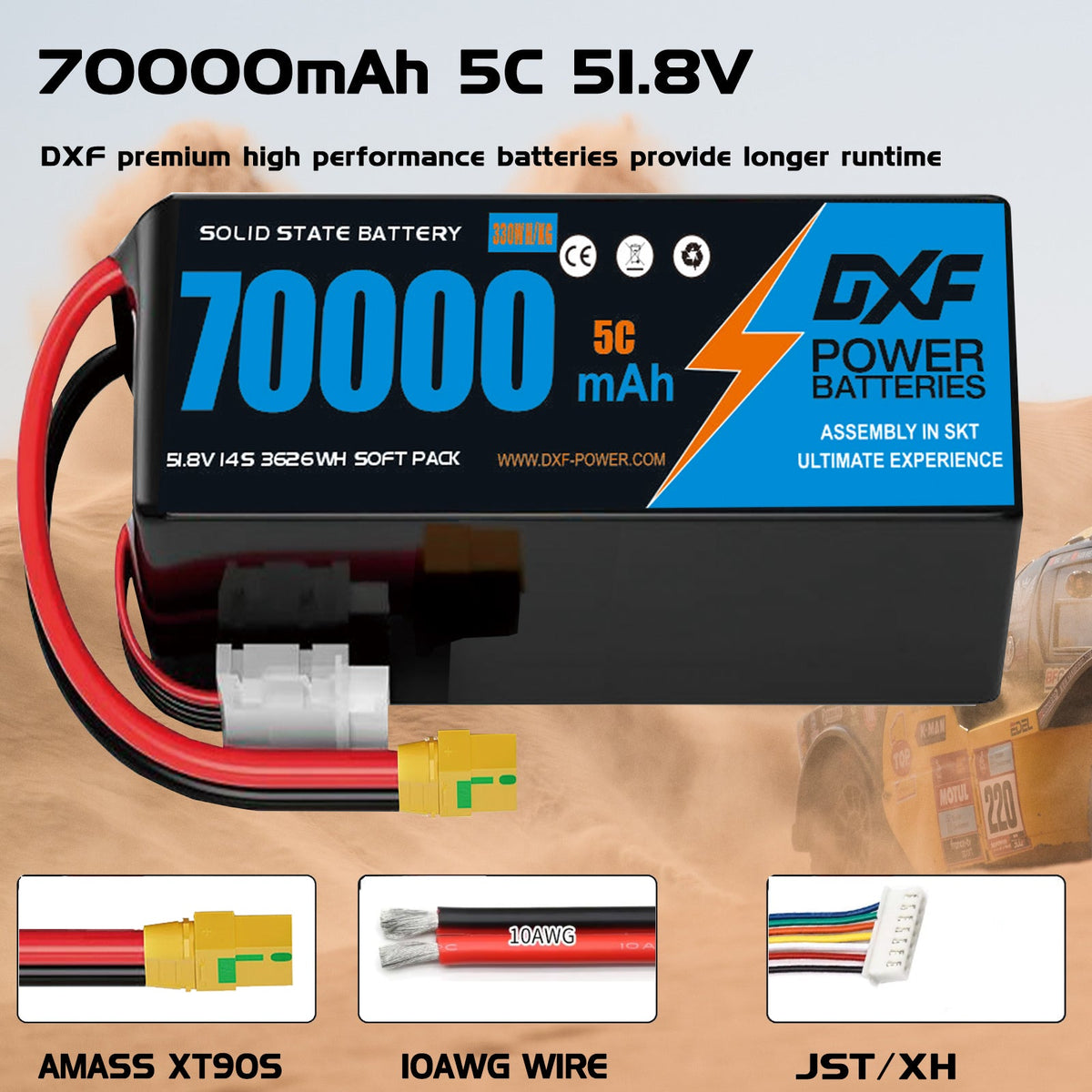 DXF SEMI-SOLID 14S 51.8V 70000mAh 5C Soft Case LiPo Battery with 8AWG Wire for UAVs & Drones (1-6 Pack)