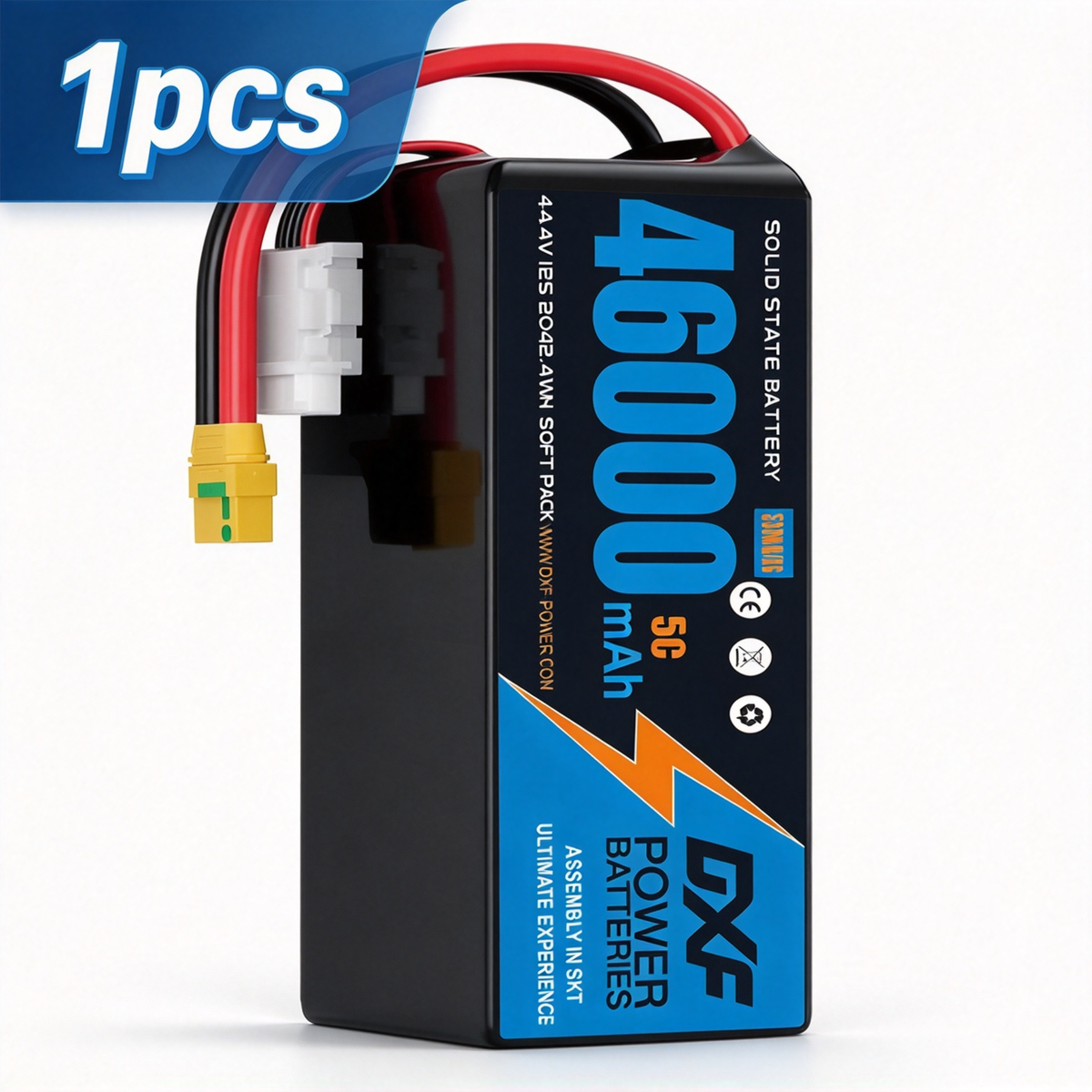 DXF SEMI-SOLID 12S 44.4V 46000mAh 5C Soft Case LiPo Battery with 8AWG Wire for Toy Cars, Boats, UAVs & Drones (1-6 Pack)