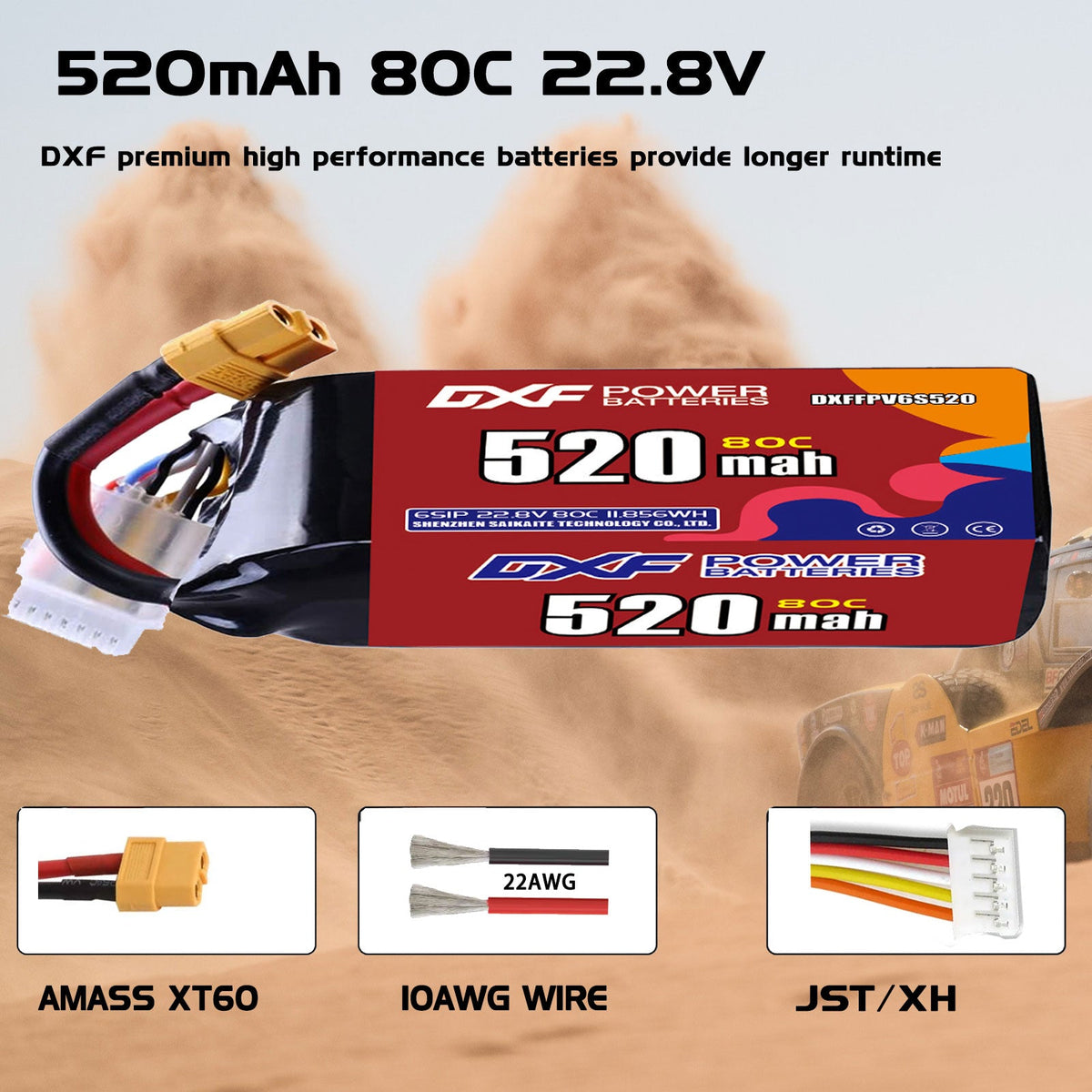 DXF LiPo Battery 6S HV 22.8V 520mAh 80C with PH2.0 / JST / XT30 / SM / XT60 / EC5 / XT90 for FPV Drone Whoop Micro Racing