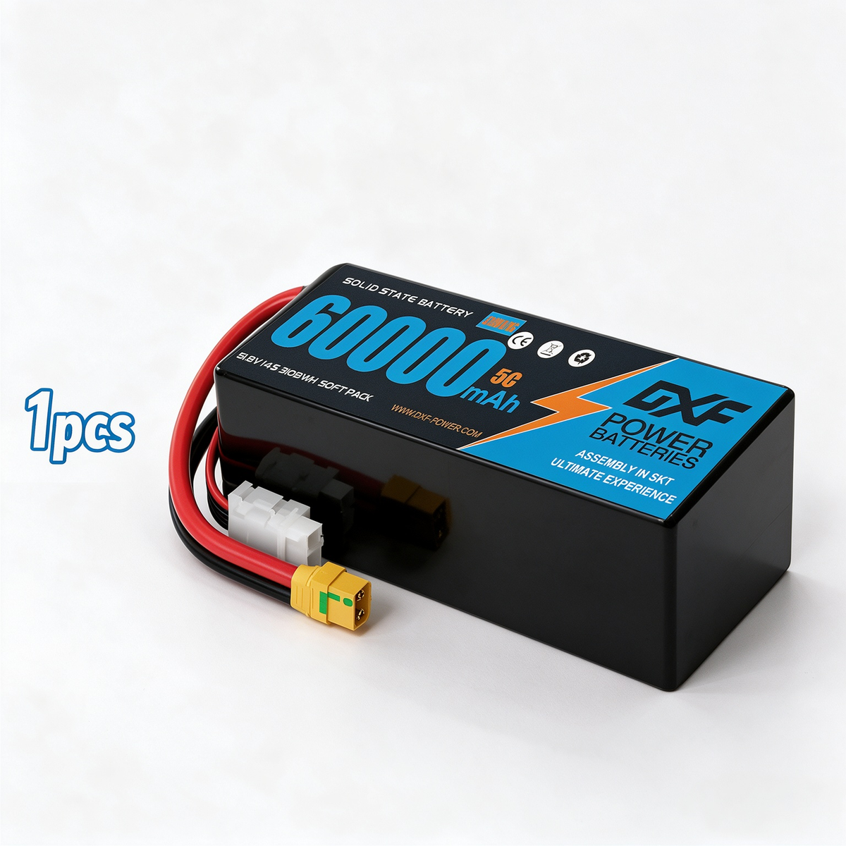 DXF SEMI-SOLID 14S 51.8V 60000mAh 5C Soft Case LiPo Battery with 8AWG Wire for Toy Cars, Boats, UAVs & Drones (1-6 Pack)
