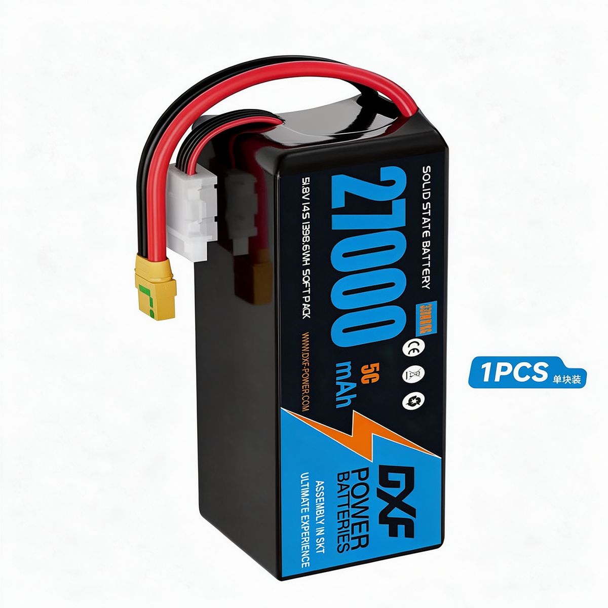 DXF SEMI-SOLID 14S 51.8V 27000mAh 5C Soft Case LiPo Battery with 8AWG Wire for Toy Cars, Boats, UAVs & Drones (1-6 Pack)