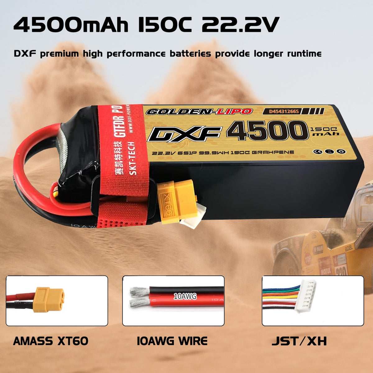 DXF Lipo Battery 6S 22.2V 4500mAh 150C GoldSeries Graphene Softcase with EC5 / T / TRX / XT60 / XT90 / XT150 / Q8s Plug for RC 1/8 1/10 Buggy Truck Car Off-Road Drone