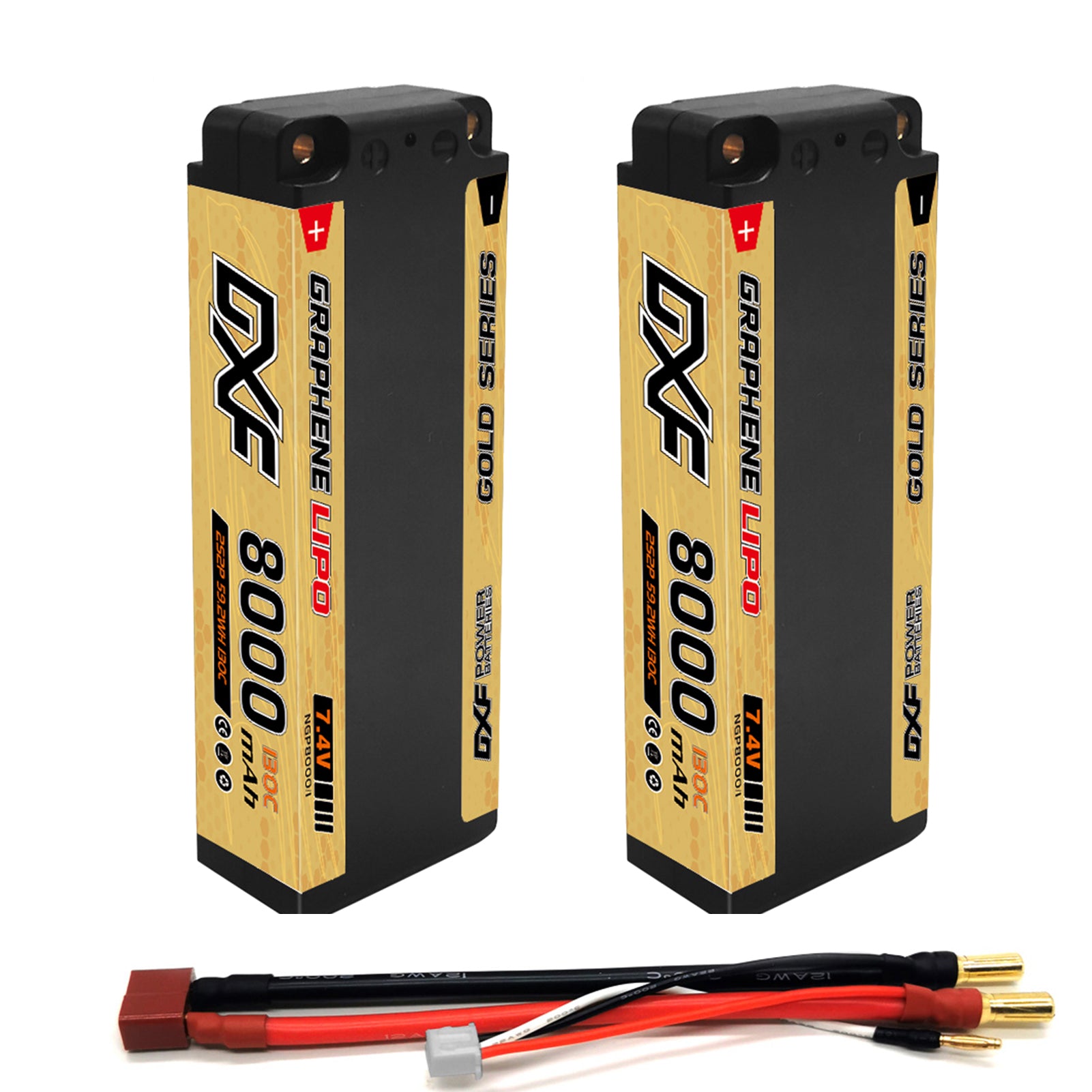 DXF 2S 7.4V 8000mAh 130C Golden NGP Graphene LiPo Hardcase Battery with 12AWG 5mm Bullet to Deans Plug for 1/8 1/10 RC Car Truck Boat Drone (1-6 Pack Available)