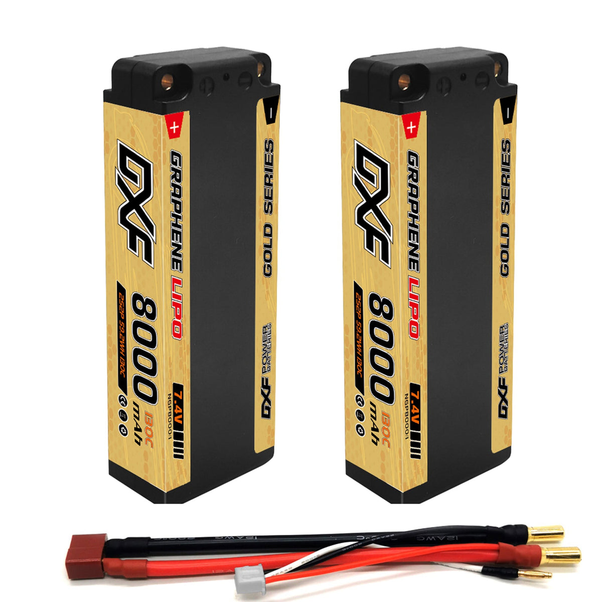 DXF 2S 7.4V 8000mAh 130C Golden NGP Graphene LiPo Hardcase Battery with 12AWG 5mm Bullet to Deans Plug for 1/8 1/10 RC Car Truck Boat Drone (1-6 Pack Available)