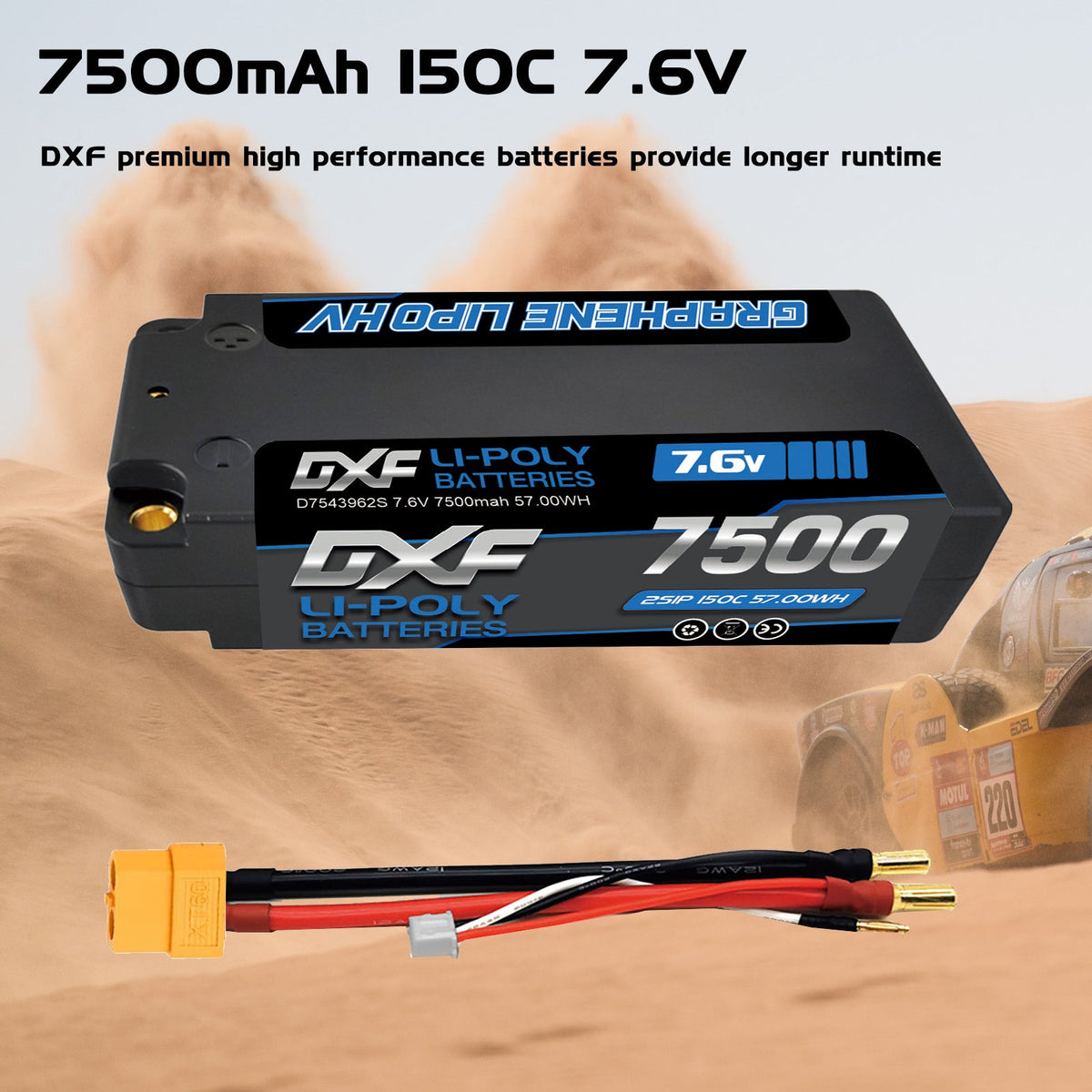 DXF LiPo Battery 2S2P HV 7.6V 7500mAh 150C Graphene Gray with 5mm Bullet / EC5 / T / TRX / XT60 / XT90 / XT150 / Q8s Plug for RC 1/10 1/8 1/5 Scale Car Racing