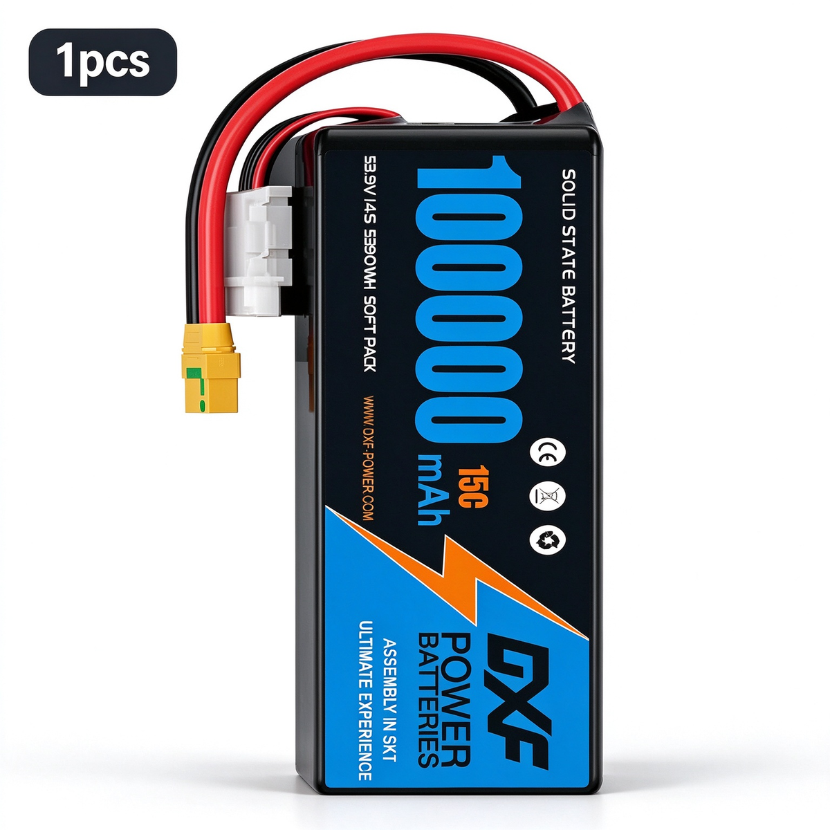 DXF SEMI-SOLID 14S 53.9V 100000mAh 15C Soft Case LiPo Battery with 8AWG Wire for Toy Cars, Boats, UAVs & Drones (1-6 Pack)