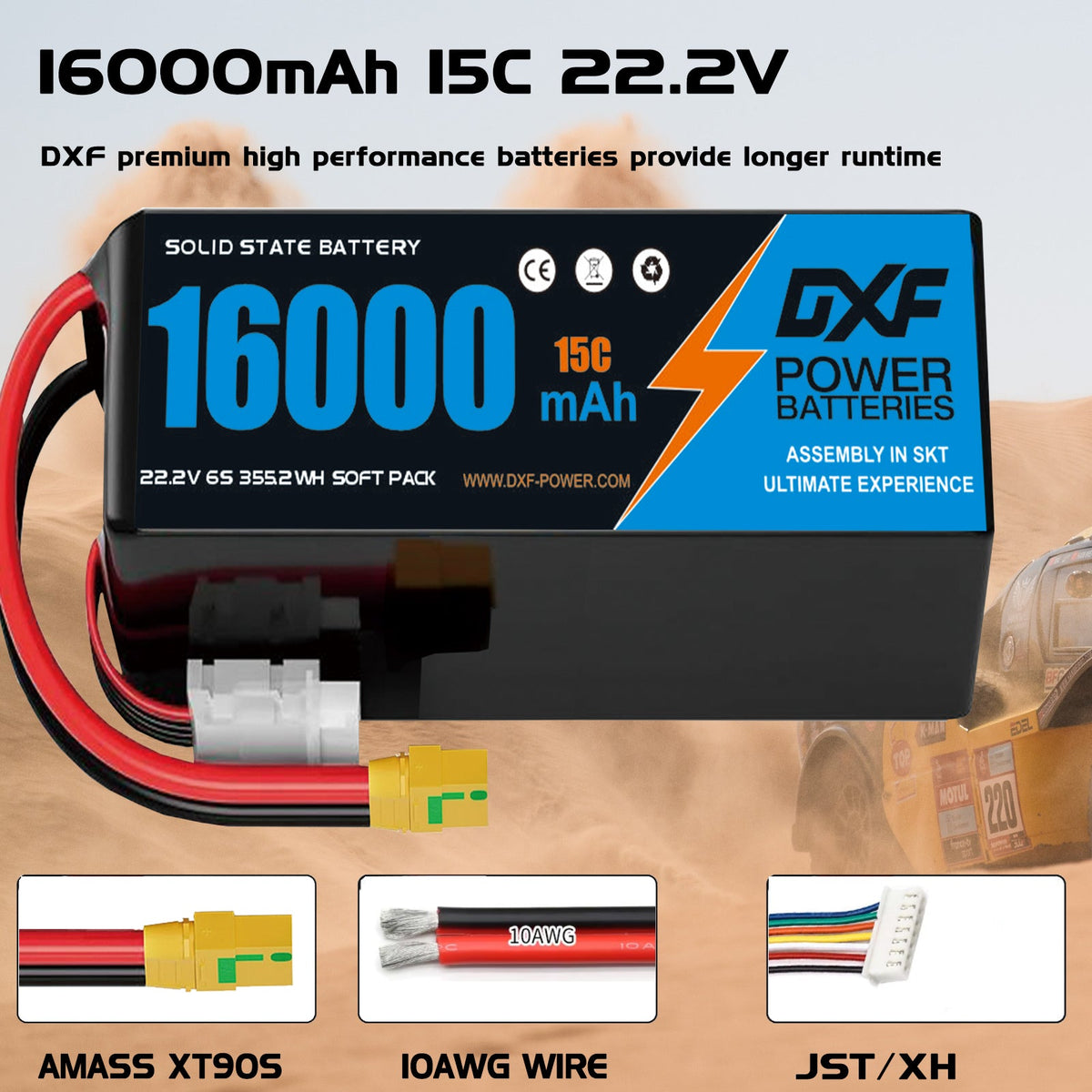 DXF 6S 22.2V 16000mAh 15C Soft Case LiPo Battery with 8AWG Wire for Toy Cars, Boats, UAVs & Drones (1-6 Pack)