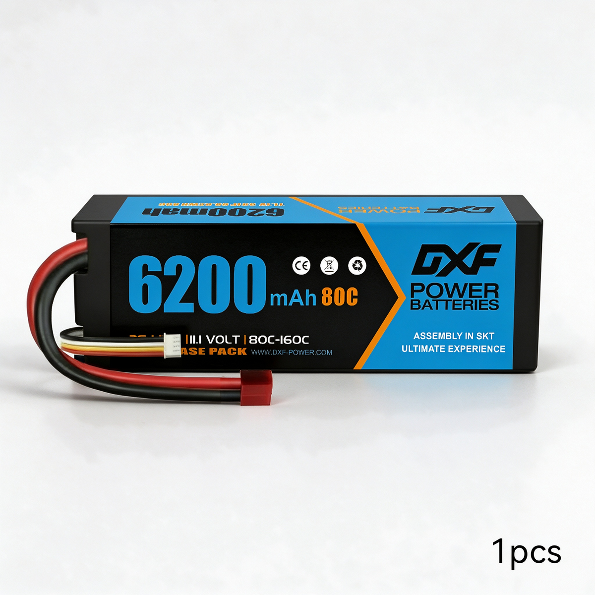 DXF 3S 11.1V 6200mAh 80C Graphene Hardcase LiPo Battery with Deans/T-Plug & 10AWG Wire (1-6 Pack)