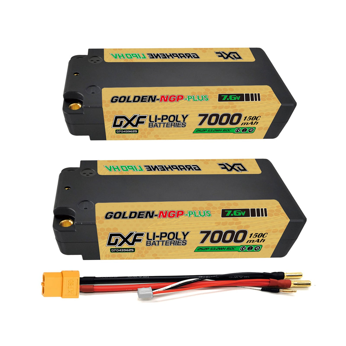 DXF LiPo Battery 2S2P HV 7.6V 7000mAh 150C Graphene NGP Plus Gold Version with 5mm Bullet / EC5 / T / TRX / XT60 / XT90 / XT150 / Q8s Plug for RC 1/10 1/8 1/5 Scale Car Racing
