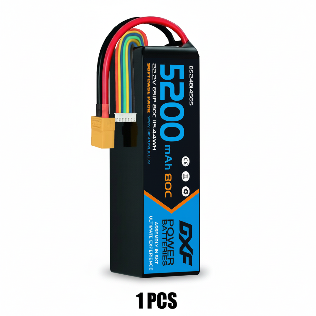 DXF 6S 22.2V 5200mAh 80C Softcase LiPo Battery with XT90 & 10AWG Wire for 1/8 RC Cars (1-6 Pack)