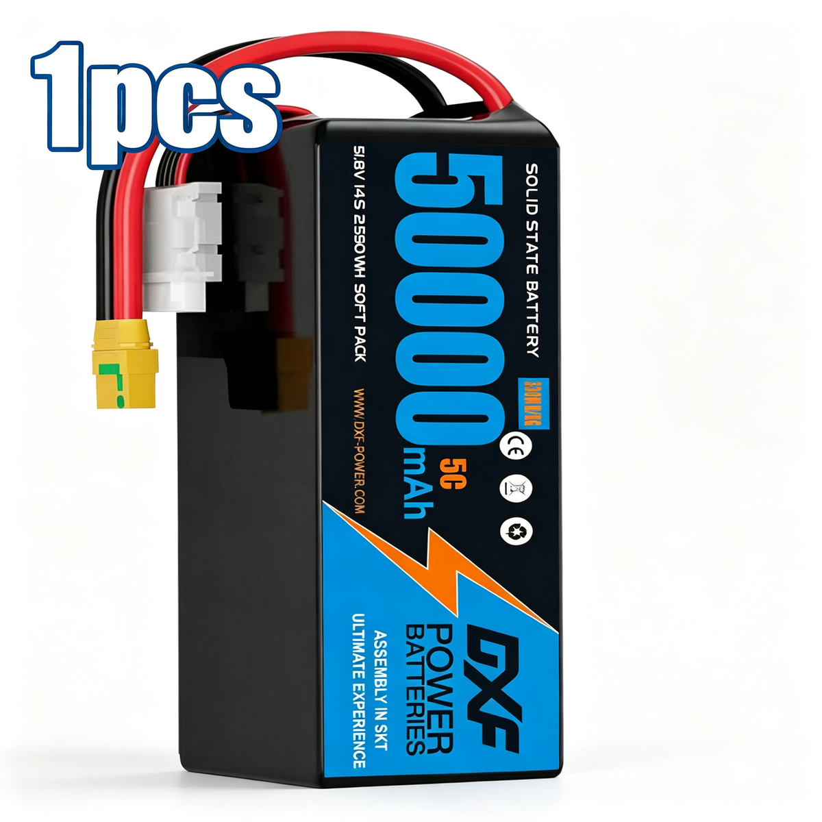 DXF SEMI-SOLID 14S 51.8V 50000mAh 5C Soft Case LiPo Battery with 8AWG Wire for Toy Cars, Boats, UAVs & Drones (1-6 Pack)