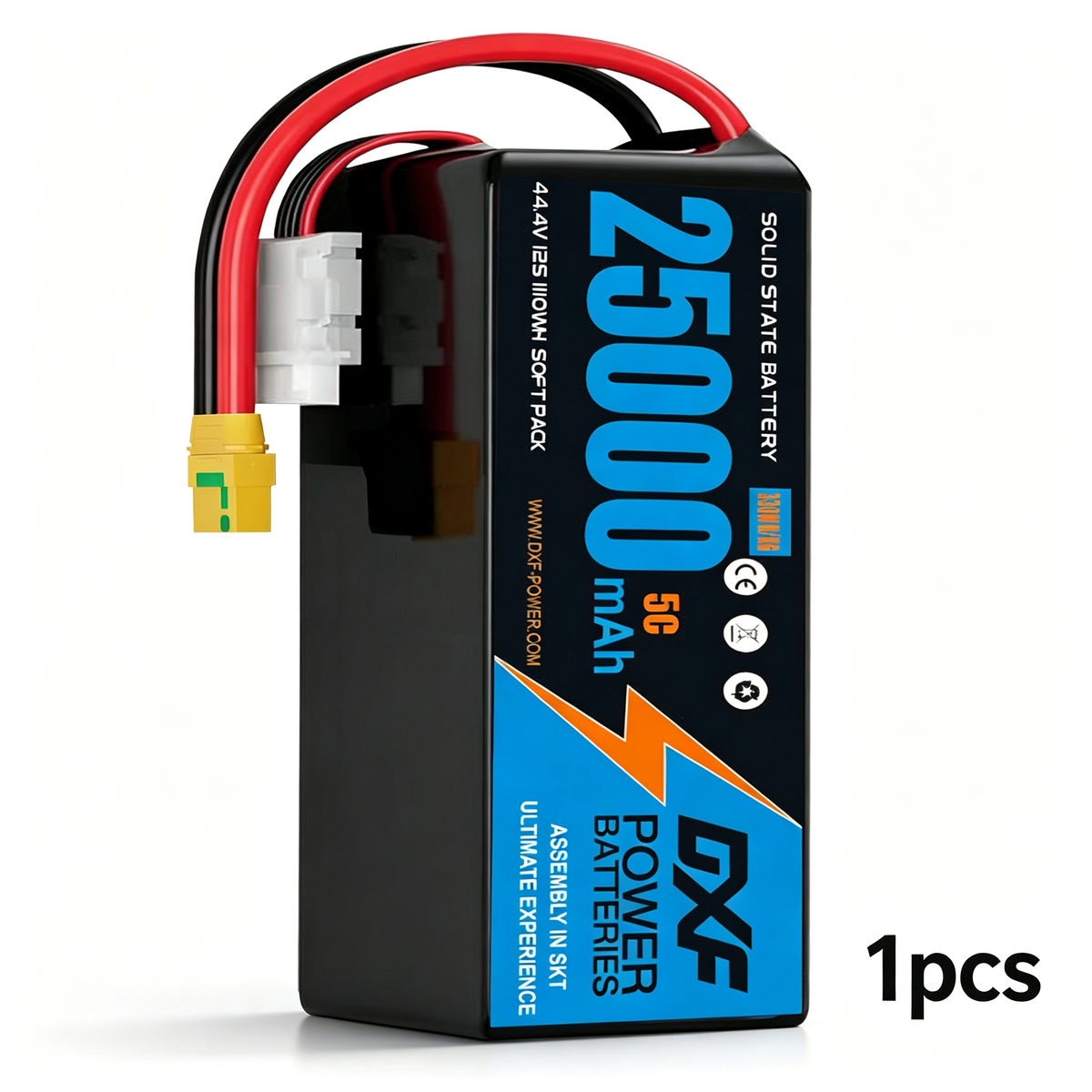 DXF SEMI-SOLID 12S 44.4V 25000mAh 5C Soft Case LiPo Battery with 8AWG Wire for Toy Cars, Boats, UAVs & Drones (1-6 Pack)