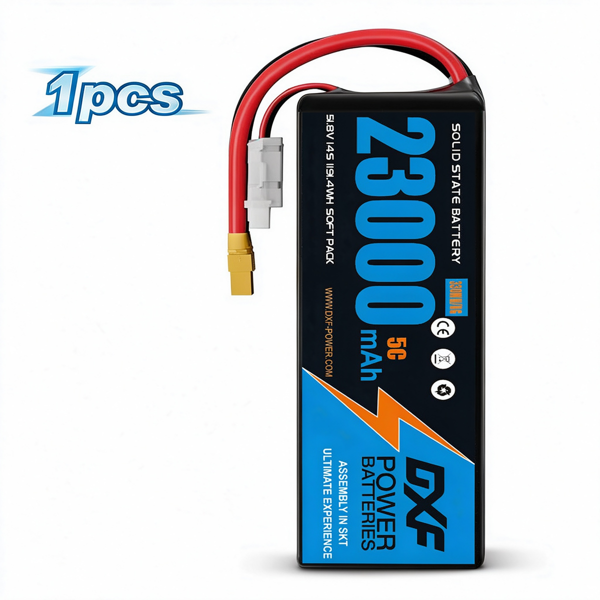 DXF SEMI-SOLID 14S 51.8V 23000mAh 5C Soft Case LiPo Battery with 8AWG Wire for UAVs & Drones (1-6 Pack)