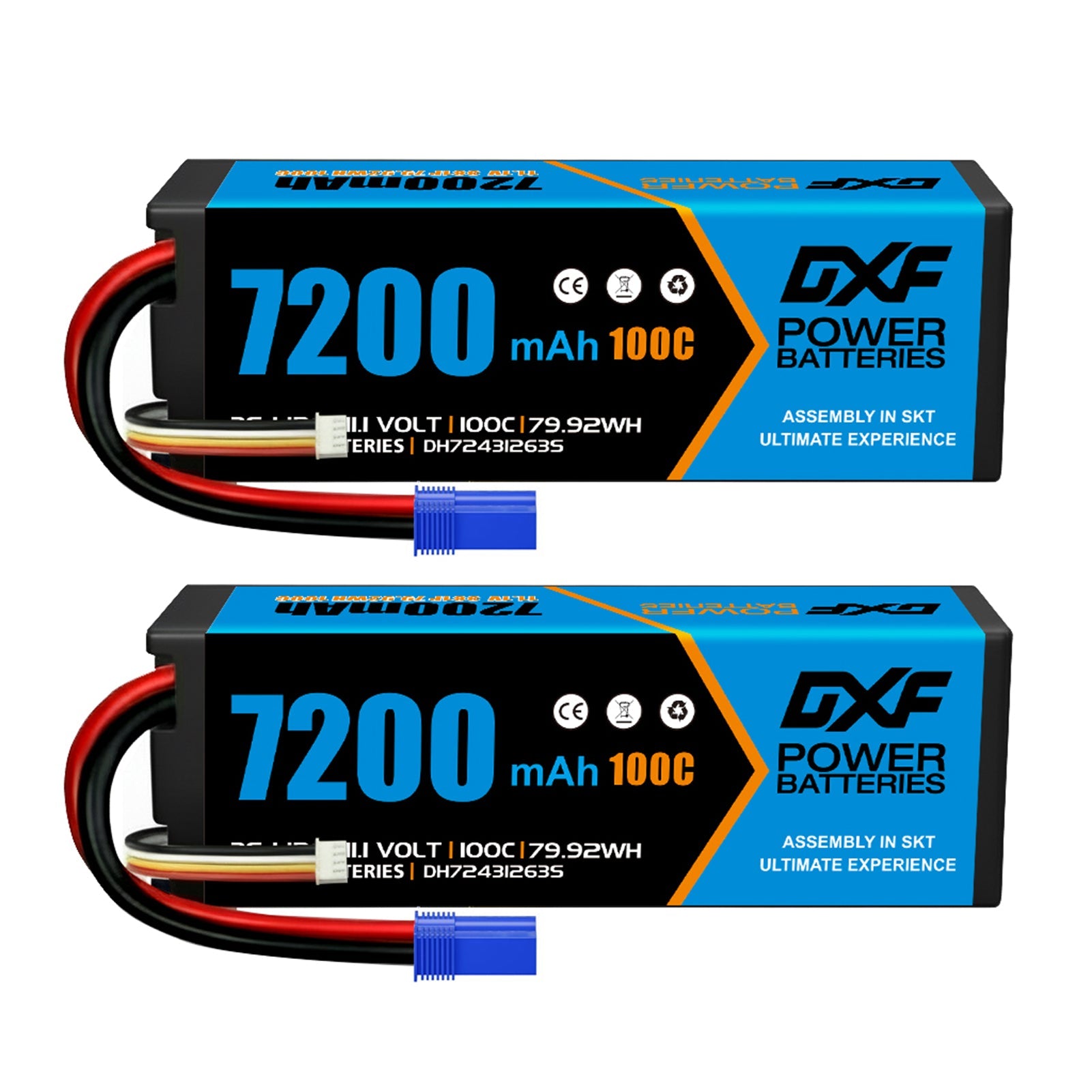 DXF 3S 11.1V 7200mAh 100C Hardcase LiPo Battery with 10AWG EC5 for 1/8 1/10 RC Cars, Trucks, Buggies (1-6 Pack Available)