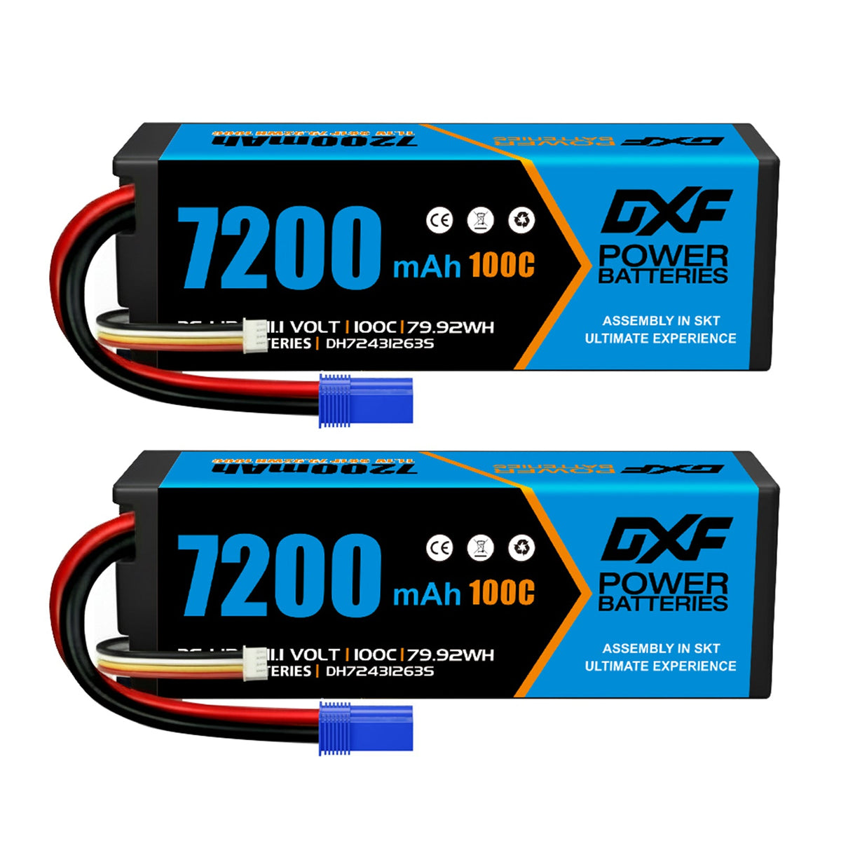 DXF 3S 11.1V 7200mAh 100C Hardcase LiPo Battery with 10AWG EC5 for 1/8 1/10 RC Cars, Trucks, Buggies (1-6 Pack Available)