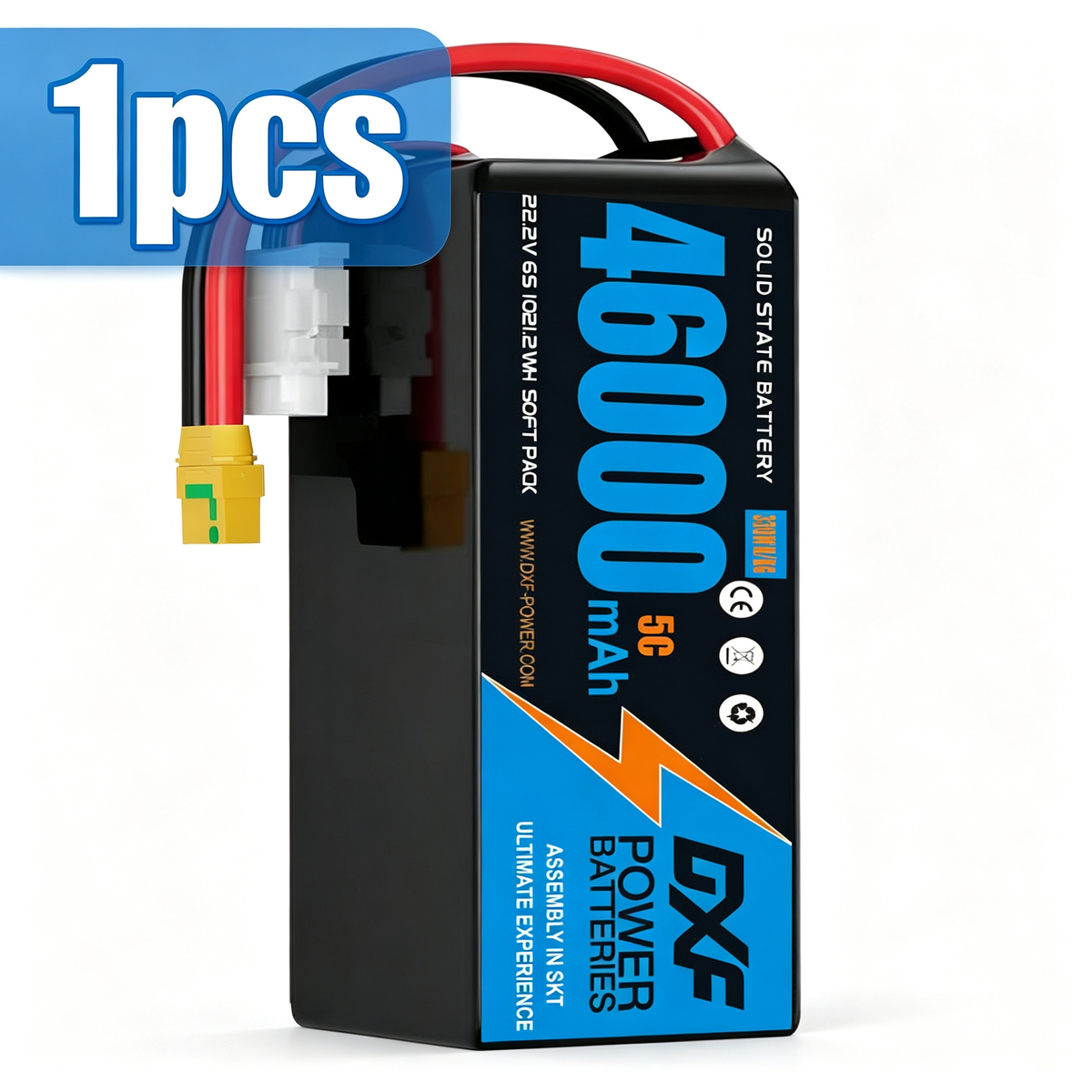 DXF 6S 22.2V 46000mAh 5C Soft Case LiPo Battery with 8AWG Wire for Toy Cars, Boats, UAVs & Drones (1-6 Pack)