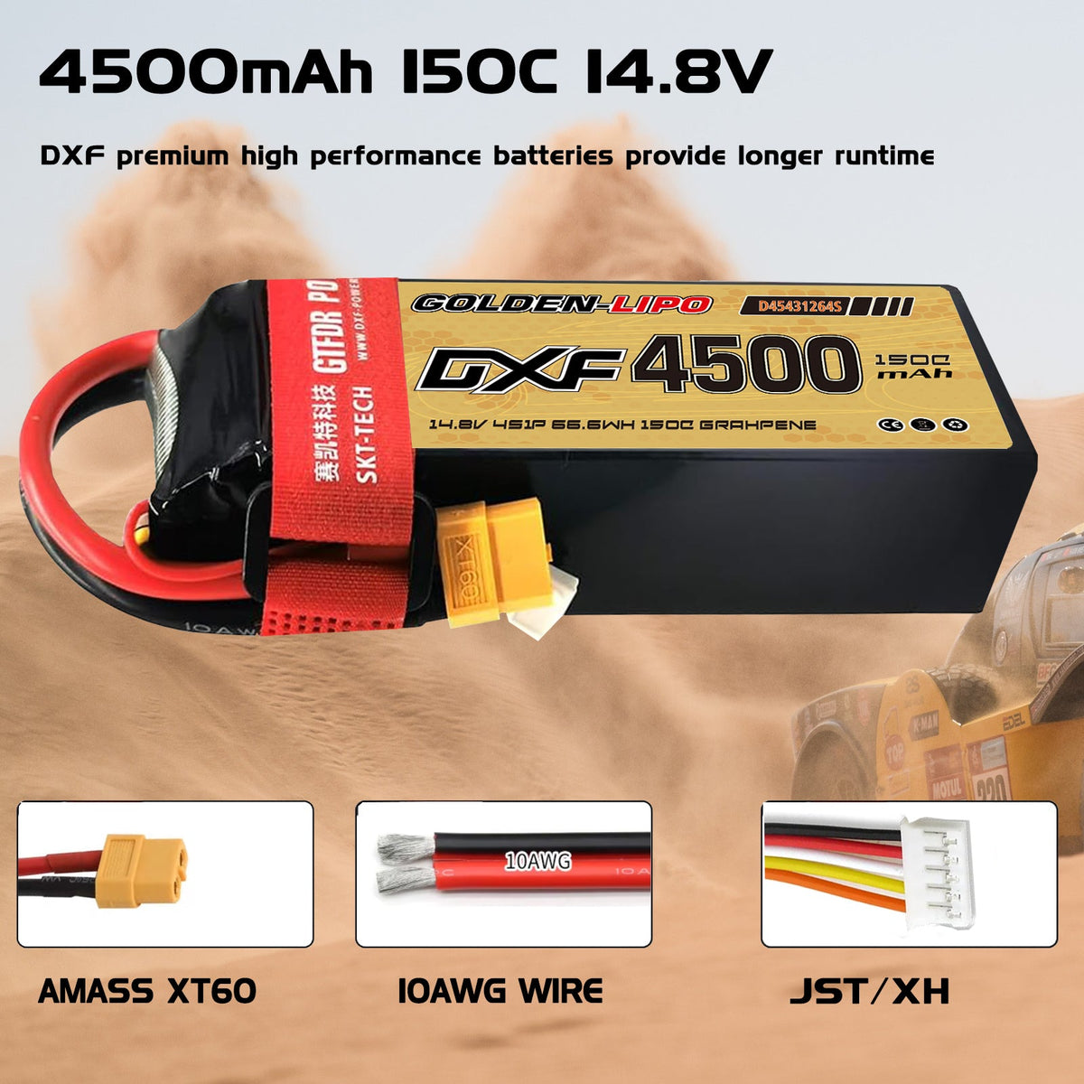 DXF Lipo Battery 4S 14.8V 4500mAh 150C GoldSeries Graphene Softcase with EC5 / T / TRX / XT60 / XT90 / XT150 / Q8s Plug for RC 1/8 1/10 Buggy Truck Car Off-Road Drone