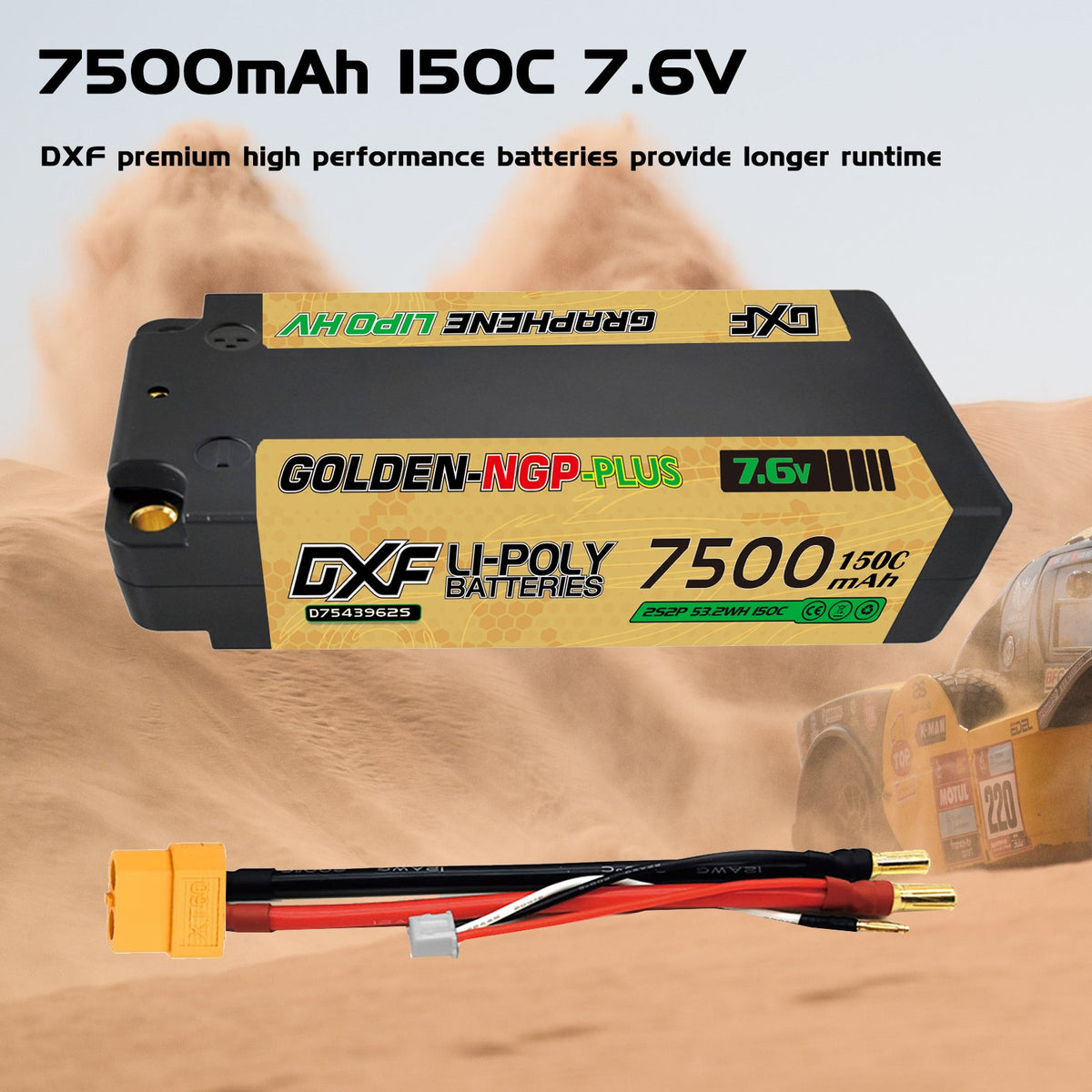 DXF LiPo Battery 2S2P HV 7.6V 7500mAh 150C Graphene NGP Plus Gold Version with 5mm Bullet / EC5 / T / TRX / XT60 / XT90 / XT150 / Q8s Plug for RC 1/10 1/8 1/5 Scale Car Racing