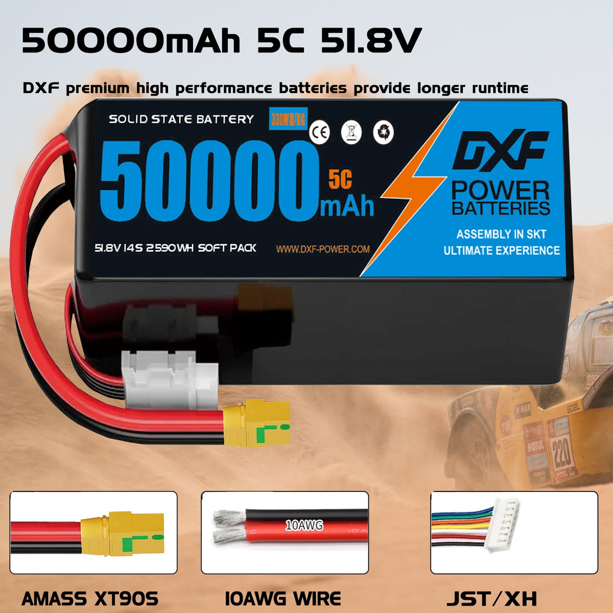 DXF SEMI-SOLID 14S 51.8V 50000mAh 5C Soft Case LiPo Battery with 8AWG Wire for Toy Cars, Boats, UAVs & Drones (1-6 Pack)