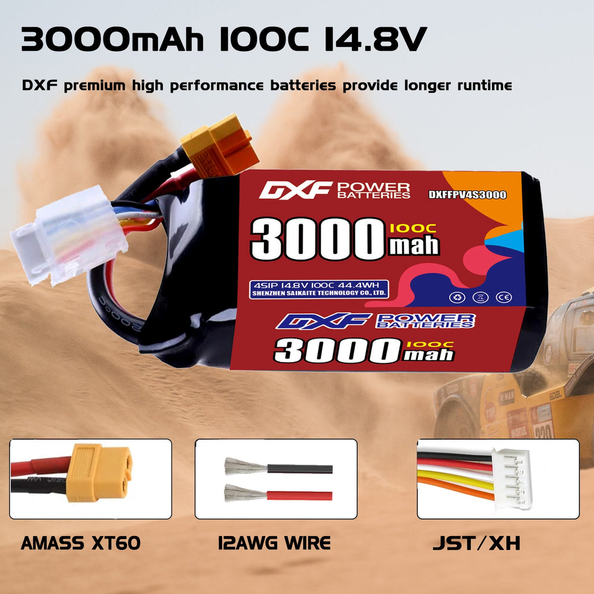 DXF 4S 14.8V 3000mAh 100C LiPo Battery for FPV Micro Drones (PH2.0 / JST / XT30 / SM / XT60 / EC5 / XT90 Options)