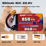 DXF 6S 22.2V 850mAh 80C LiPo Battery for FPV Micro Drones (PH2.0 / JST / XT30 / SM / XT60 / EC5 / XT90 Options)