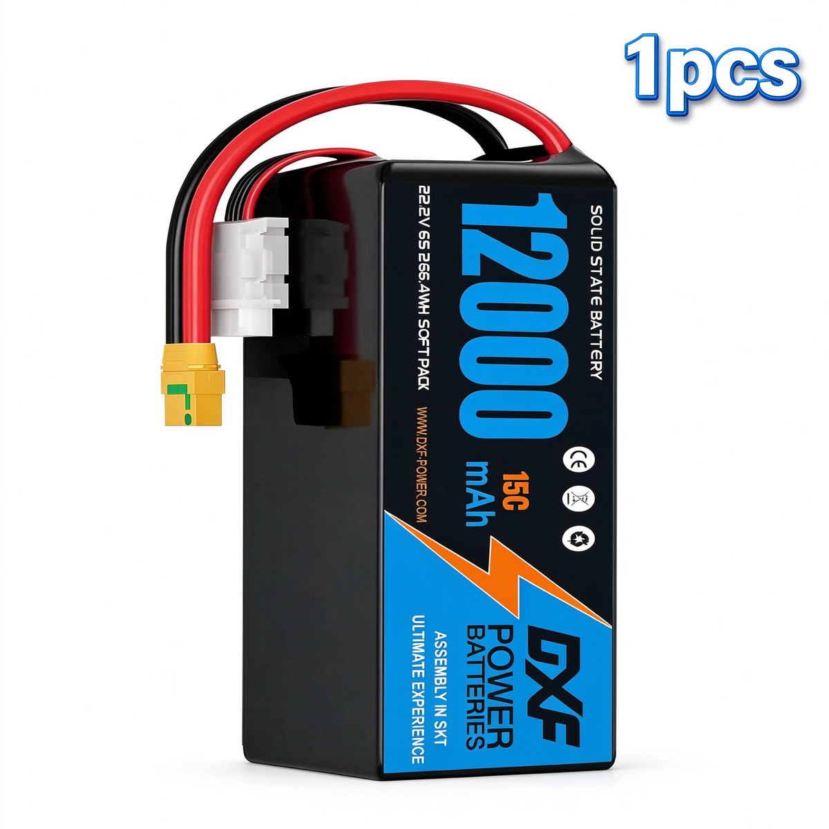 DXF 6S 22.2V 12000mAh 15C Soft Case LiPo Battery with 8AWG Wire for Toy Cars, Boats, UAVs & Drones (1-6 Pack)