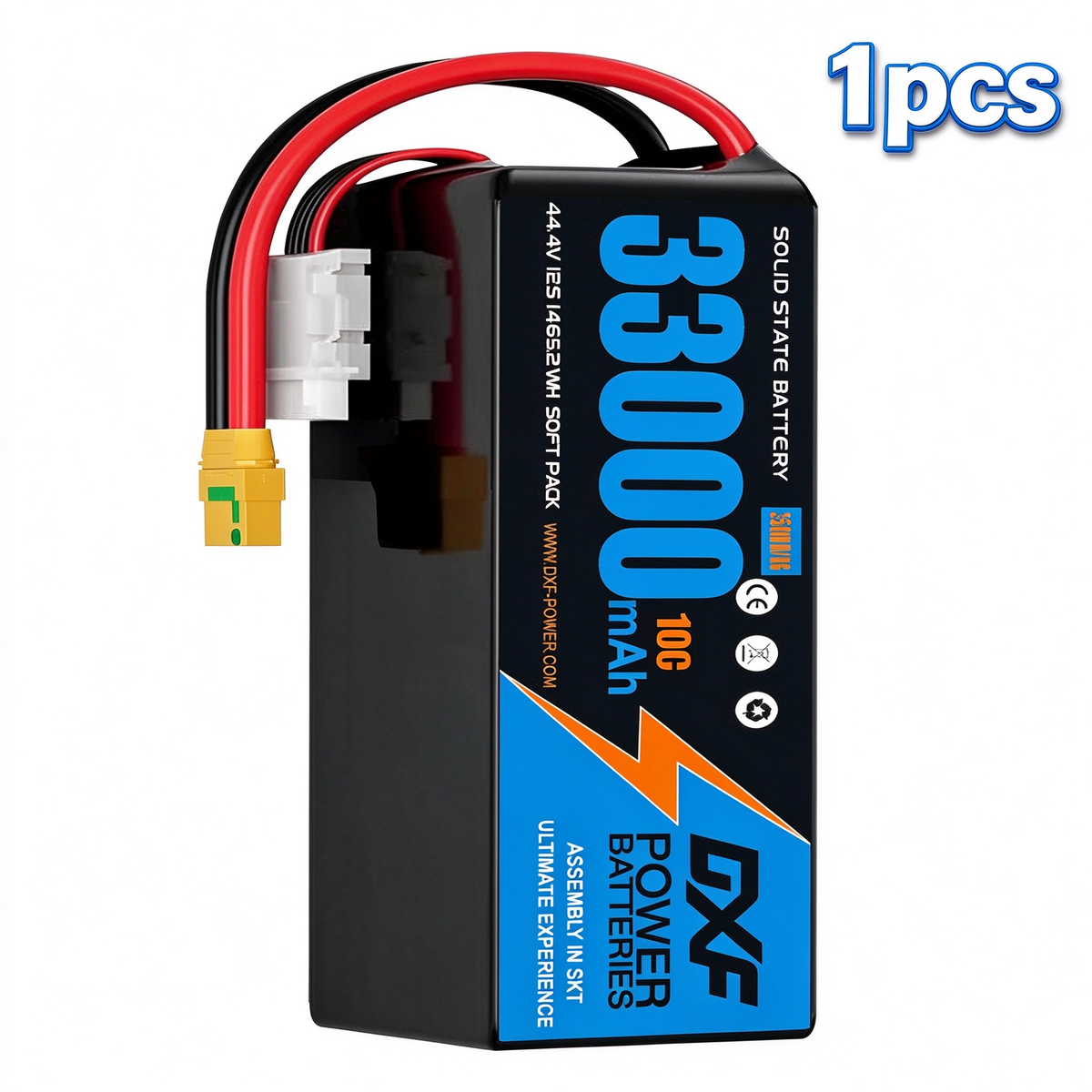 DXF SEMI-SOLID 12S 44.4V 33000mAh 10C Soft Case LiPo Battery with 8AWG Wire for Toy Cars, Boats, UAVs & Drones (1-6 Pack)