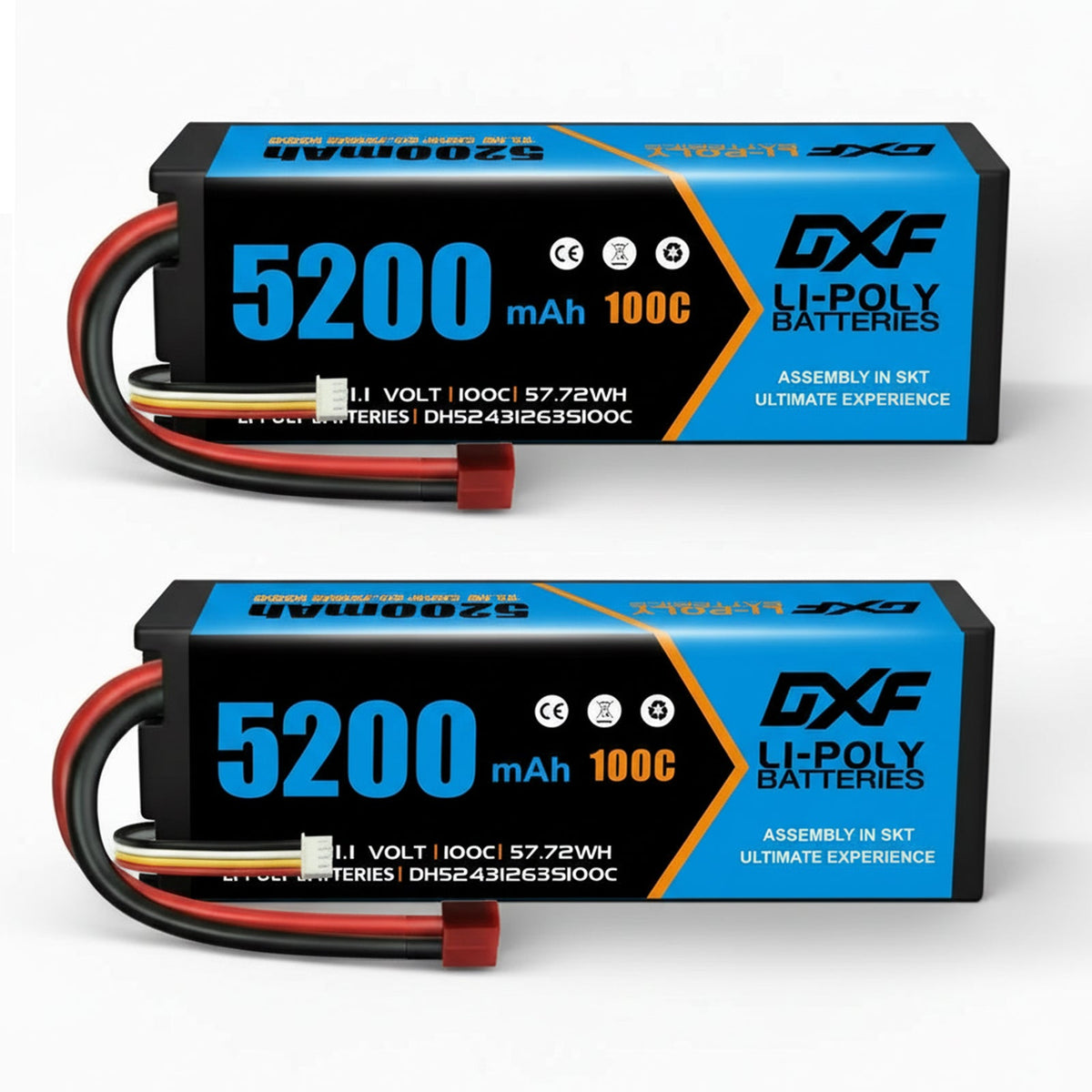 DXF 3S 11.1V 5200mAh 100C Hardcase LiPo Battery with 10AWG Deans for 1/8 1/10 RC Cars, Trucks, Buggies (2 Pack Available)