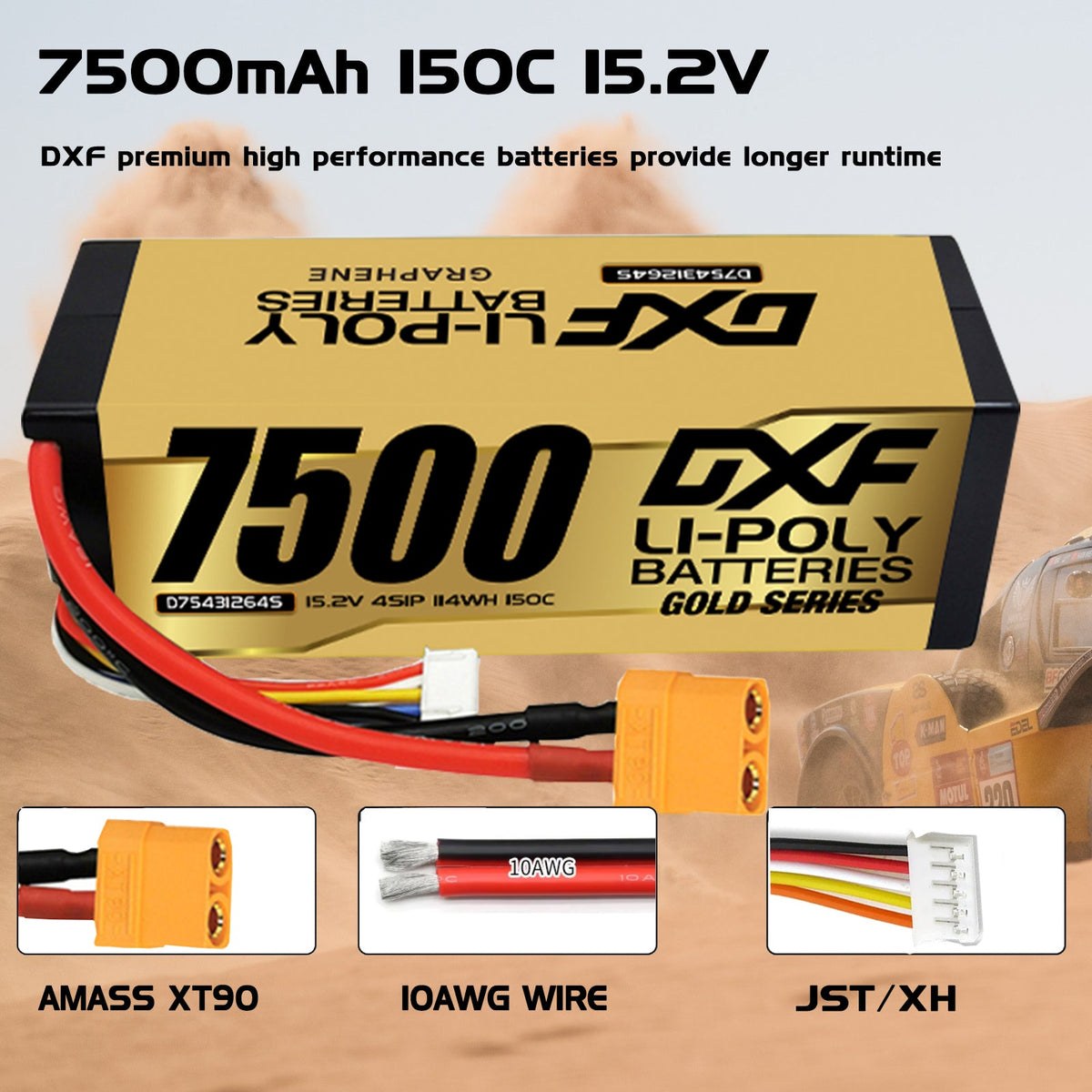 DXF LiPo Battery 4S HV 15.2V 7500mAh 150C Graphene Hardcase Gold with EC5 / T / TRX / XT60 / XT90 / XT150 / Q8s Plug for RC 1/8 1/10 Buggy Truck Car Off-Road Drone