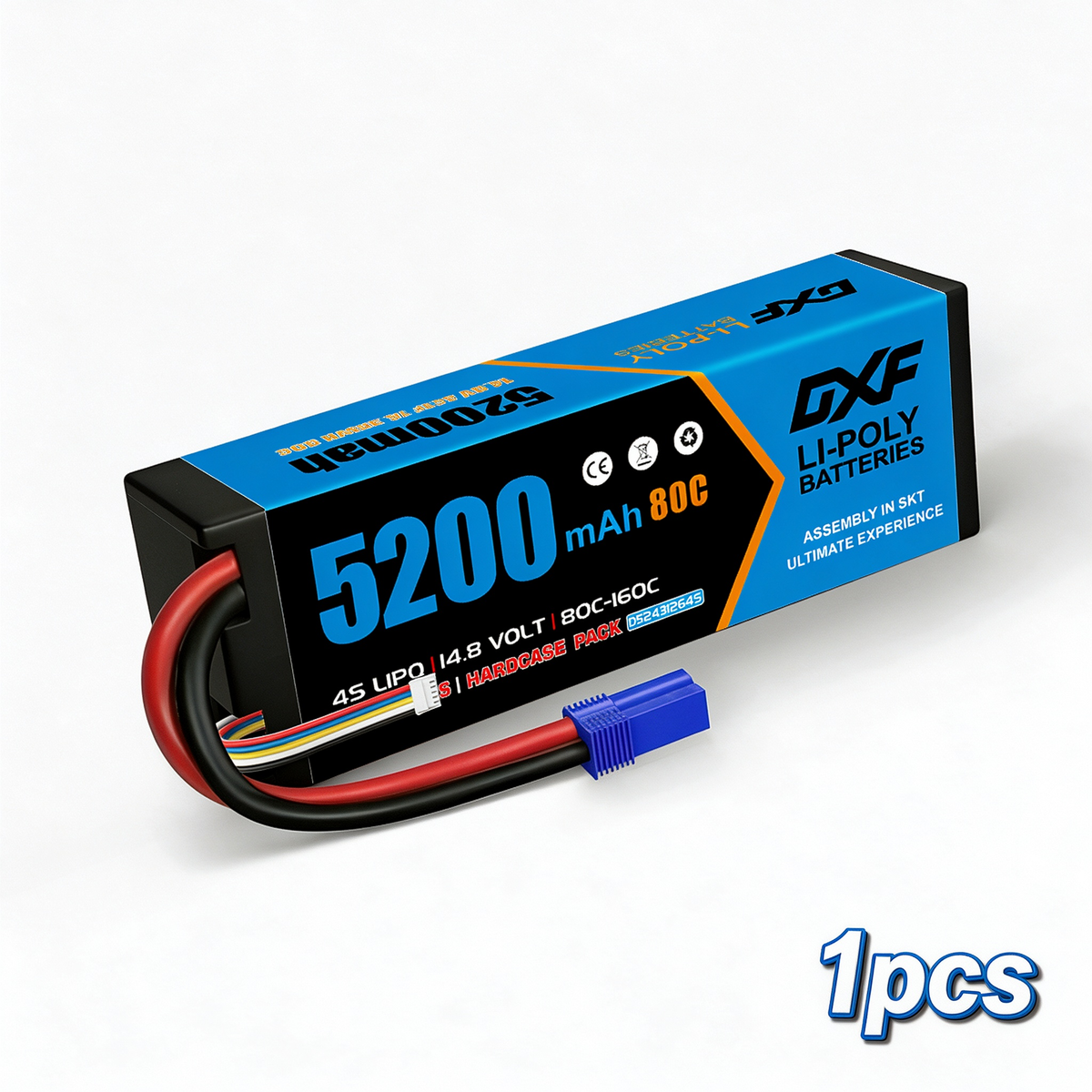 DXF 4S 14.8V 5200mAh 80C BLUE Series Graphene LiPo Hardcase Battery with 10AWG EC5 Plug for 1/8 1/10 RC Car Truck Boat Drone (1-6 Pack Available)