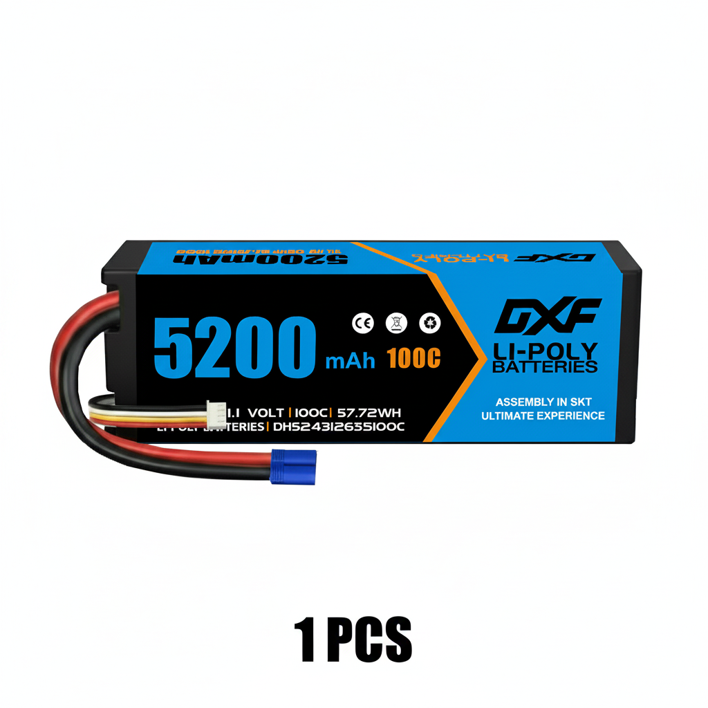 DXF 3S 11.1V 5200mAh 100C Hardcase LiPo Battery with 10AWG EC5 for 1/8 1/10 RC Cars, Trucks, Buggies (1-6 Pack Available)