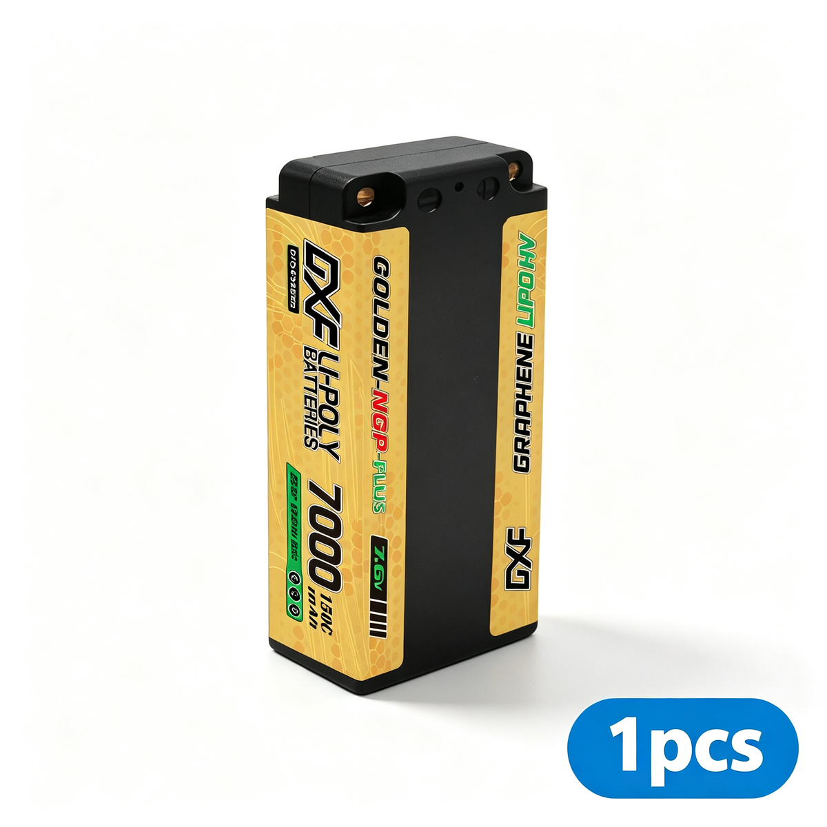 DXF 2S HV 7.6V 7000mAh 150C GOLDEN NGP PLUS Middle-Size Graphene LiPo Hardcase Battery with 12AWG 5mm Bullet to Deans Plug for 1/8 1/10 RC Car Truck Boat Drone (1-6 Pack Available)