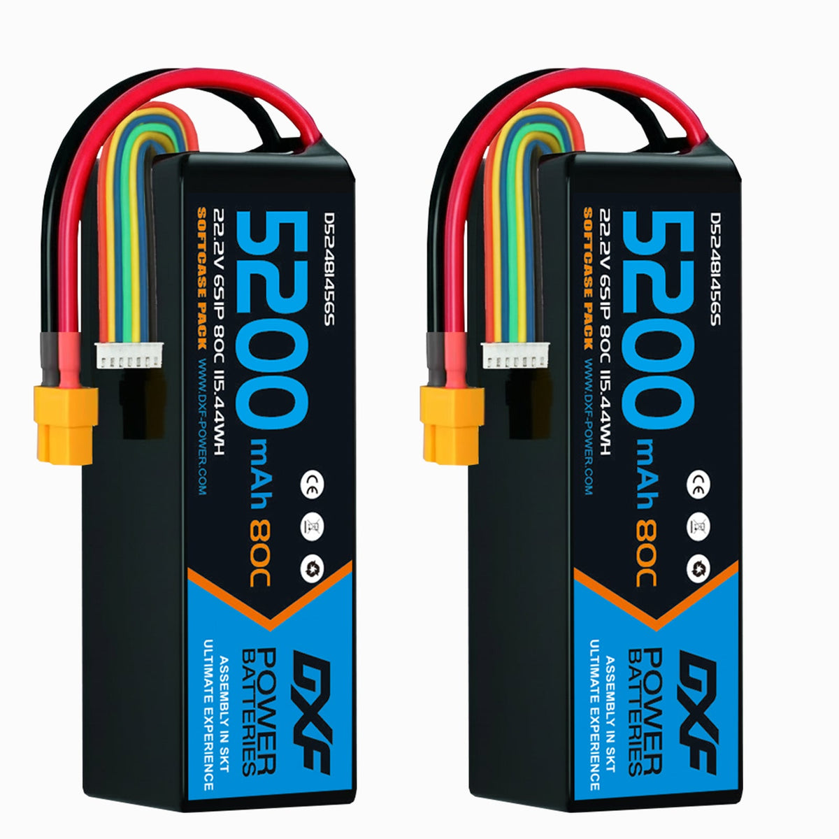 DXF 6S 22.2V 5200mAh 80C Softcase LiPo Battery with XT60 & 10AWG Wire for 1/8 RC Cars (1-6 Pack)