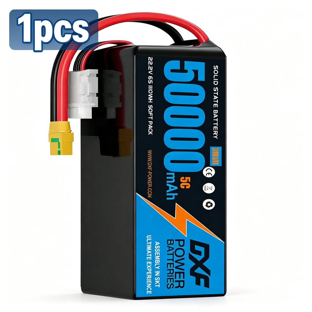 DXF SEMI-SOLID 12S 44.4V 50000mAh 5C Soft Case LiPo Battery with 8AWG Wire for Toy Cars, Boats, UAVs & Drones (1-6 Pack)