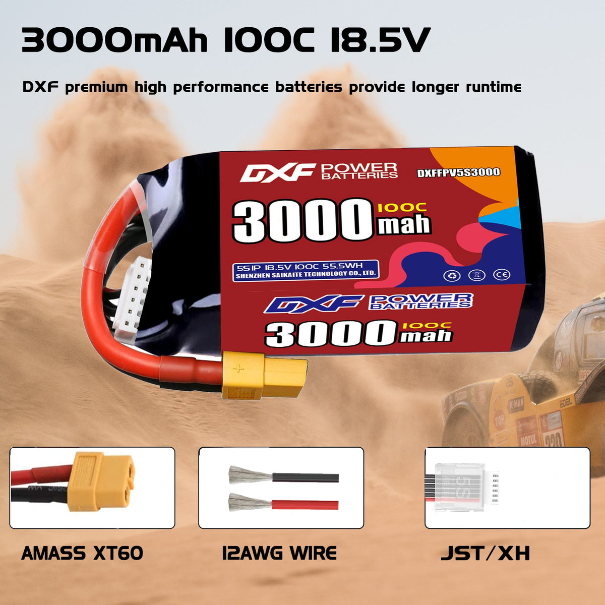 DXF 5S 18.5V 3000mAh 100C LiPo Battery for FPV Micro Drones (PH2.0 / JST / XT30 / SM / XT60 / EC5 / XT90 Options)