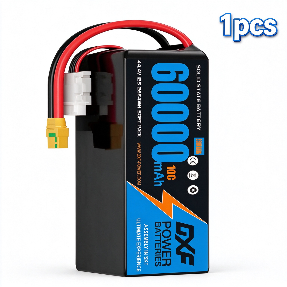 DXF SEMI-SOLID 12S 44.4V 60000mAh 10C Soft Case LiPo Battery with 8AWG Wire for Toy Cars, Boats, UAVs & Drones (1-6 Pack)