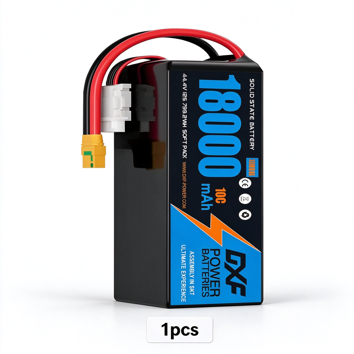 DXF SEMI-SOLID 12S 44.4V 18000mAh 10C Soft Case LiPo Battery with 8AWG Wire for UAVs & Drones (1-6 Pack)