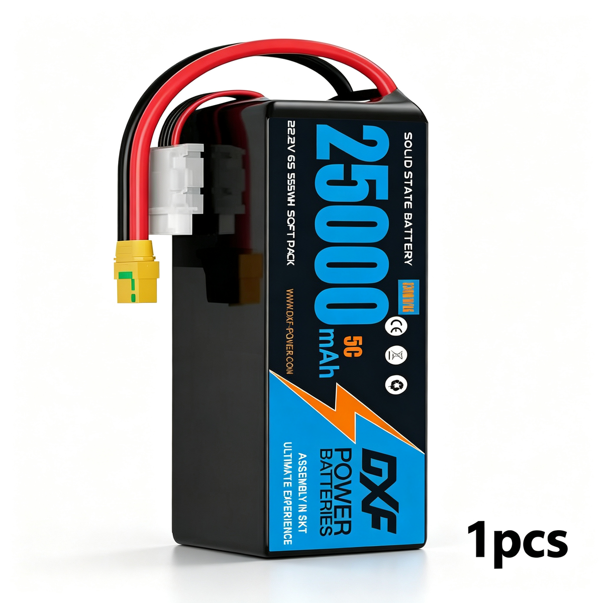 DXF 6S 22.2V 25000mAh 5C Soft Case LiPo Battery with 8AWG Wire for Toy Cars, Boats, UAVs & Drones (1-6 Pack)