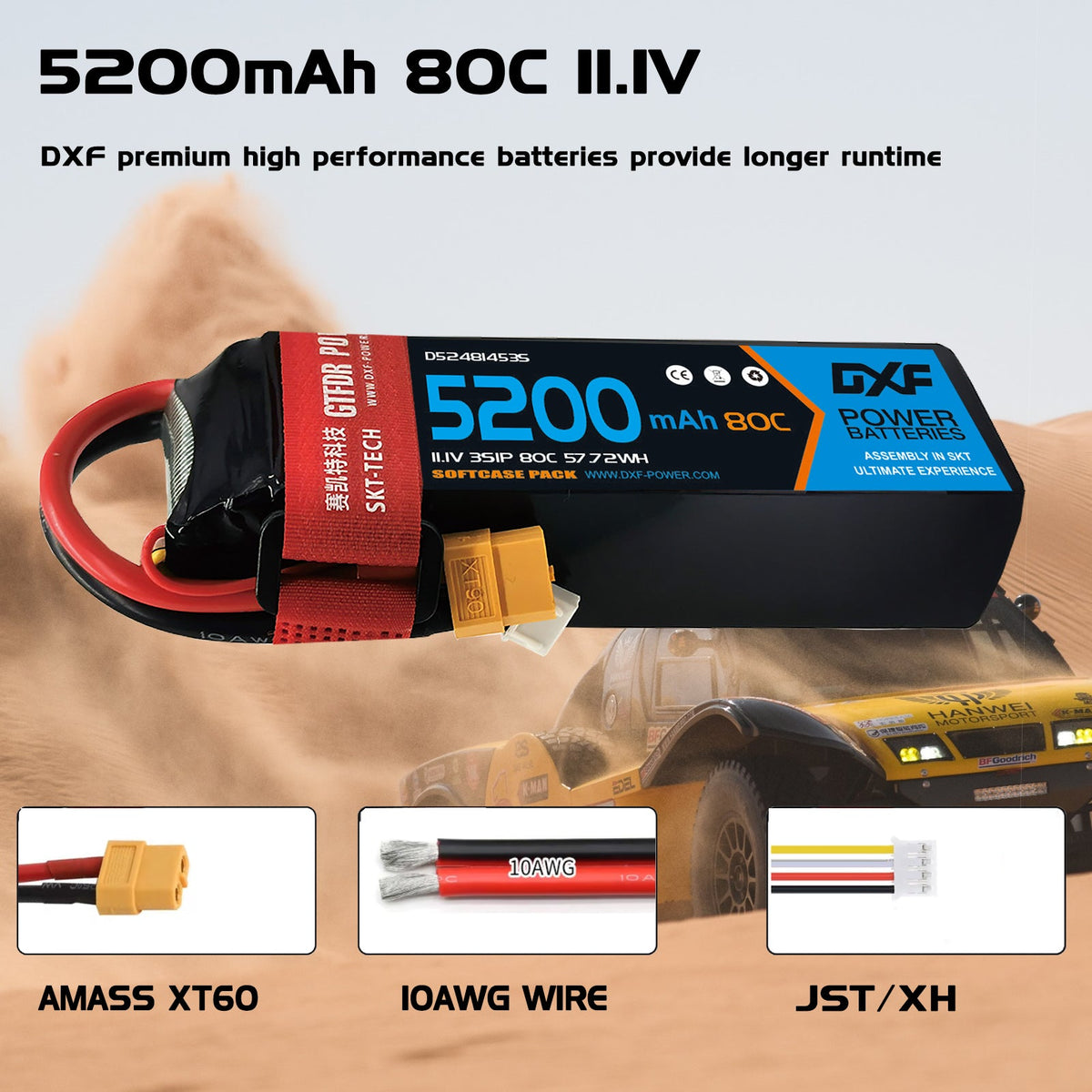 DXF Lipo Battery 3S 11.1V 5200mAh 80C Graphene Softcase with EC5 / T / TRX / XT60 / XT90 / XT150 / Q8s Plug for RC 1/8 1/10 Buggy Truck Car Off-Road Drone