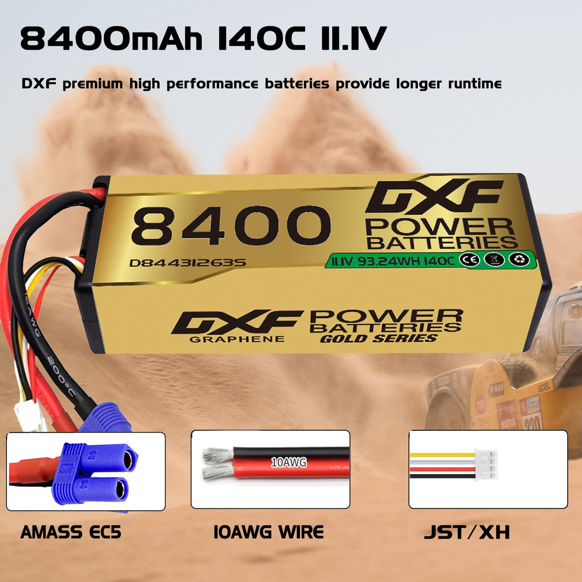 DXF LiPo Battery 3S 11.1V 8400mAh 140C Graphene Hardcase Gold with EC5 / T / TRX / XT60 / XT90 / XT150 / Q8s Plug for RC 1/8 1/10 Buggy Truck Car Off-Road Drone