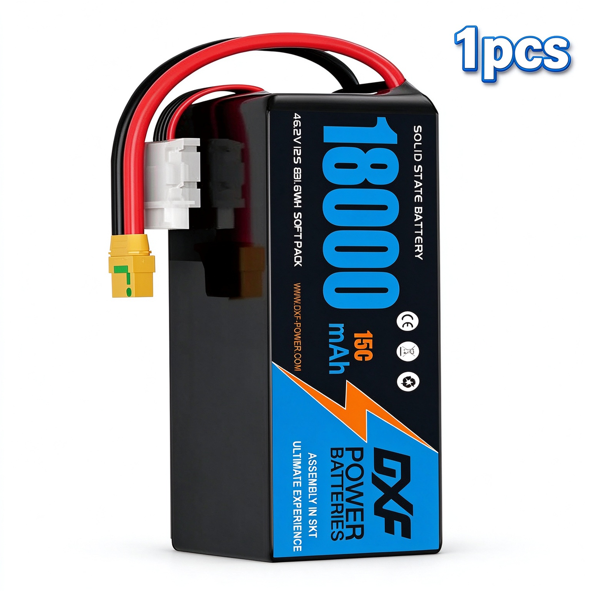 DXF SEMI-SOLID 12S 46.2V 18000mAh 15C Soft Case LiPo Battery with 8AWG Wire for Toy Cars, Boats, UAVs & Drones (1-6 Pack)