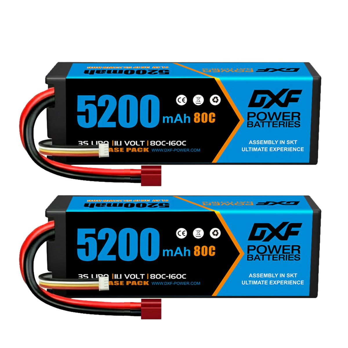 DXF BLUE Series 3S 11.1V 5200mAh 80C Hardcase LiPo with Deans/T-Plug & 10AWG Wire for Toy Cars, Boats, Aircraft & FPV Drones (1-6 Pack)