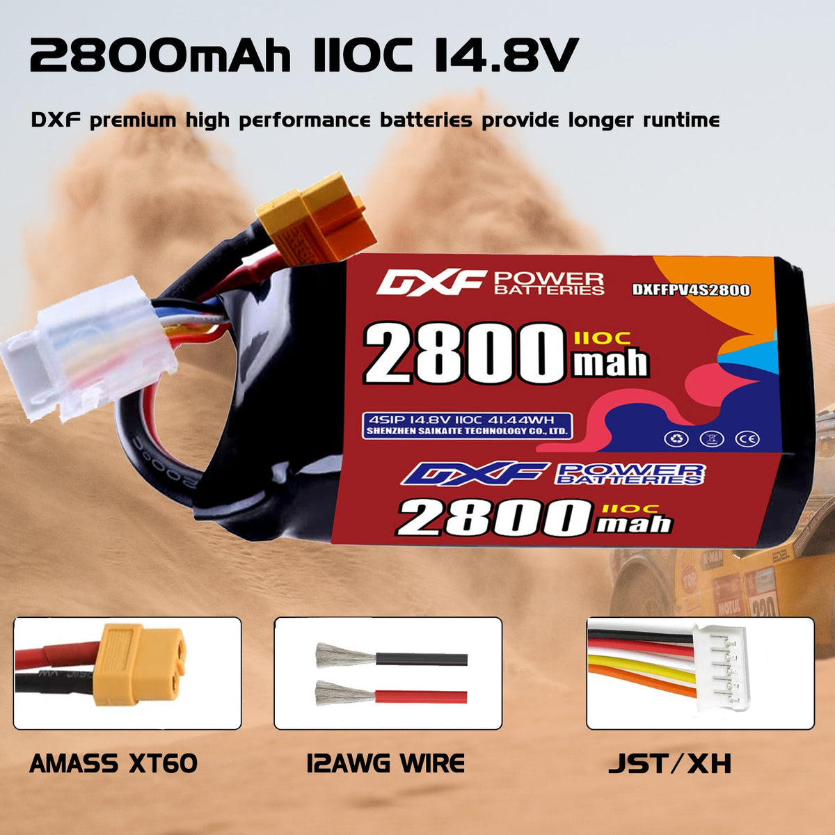 DXF LiPo Battery 4S 14.8V 2800mAh 110C with PH2.0 / JST / XT30 / SM / XT60 / EC5 / XT90 for FPV Drone Whoop Micro Racing