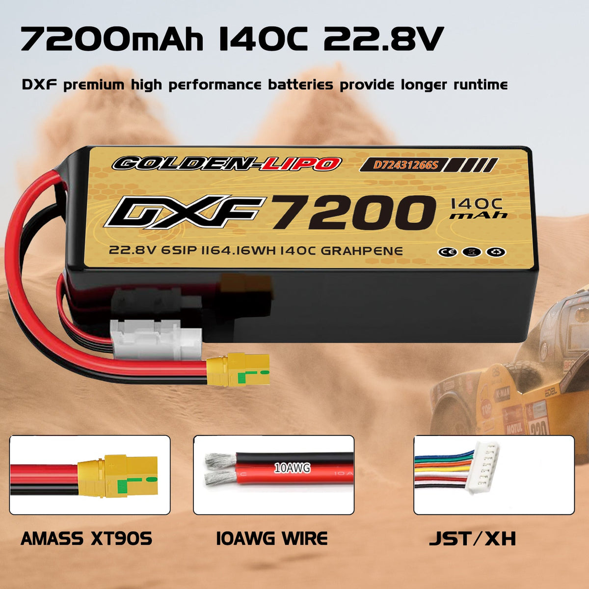 DXF Lipo Battery 6S HV 22.8V 7200mAh 140C GoldSeries Graphene Softcase with EC5 / T / TRX / XT60 / XT90 / XT150 / Q8s Plug for RC 1/8 1/10 Buggy Truck Car Off-Road Drone