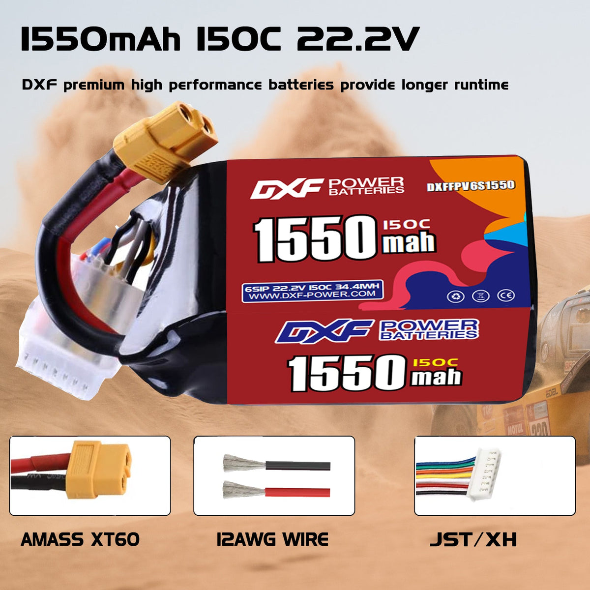 DXF 6S 22.2V 1550mAh 150C LiPo Battery for FPV Micro Drones (XT60 / EC5 / TRX / Deans / XT90 / XT150 / XT90S Options)