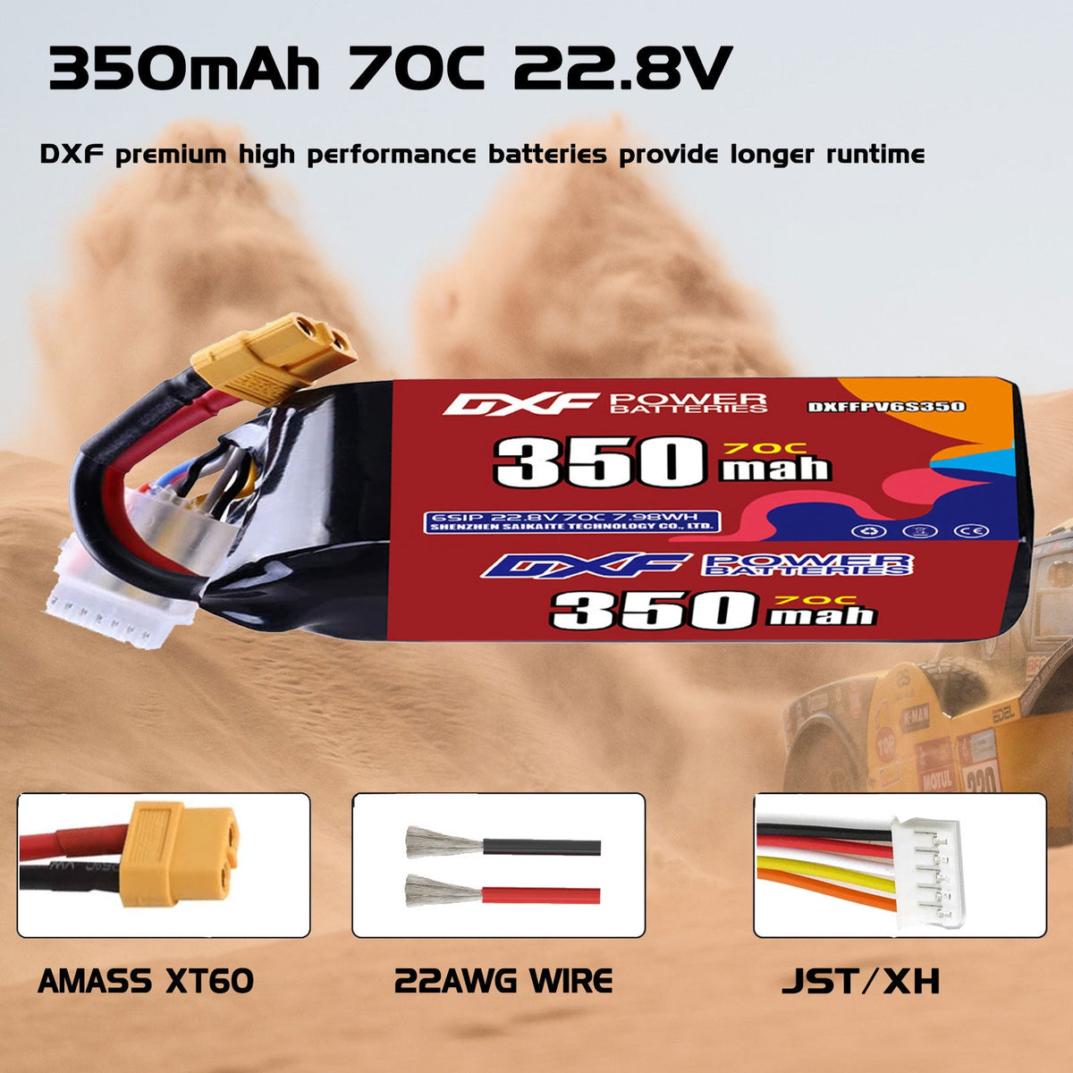 DXF LiPo Battery 6S HV 22.8V 350mAh 70C with PH2.0 / JST / XT30 / SM / XT60 / EC5 / XT90 for FPV Drone Whoop Micro Racing